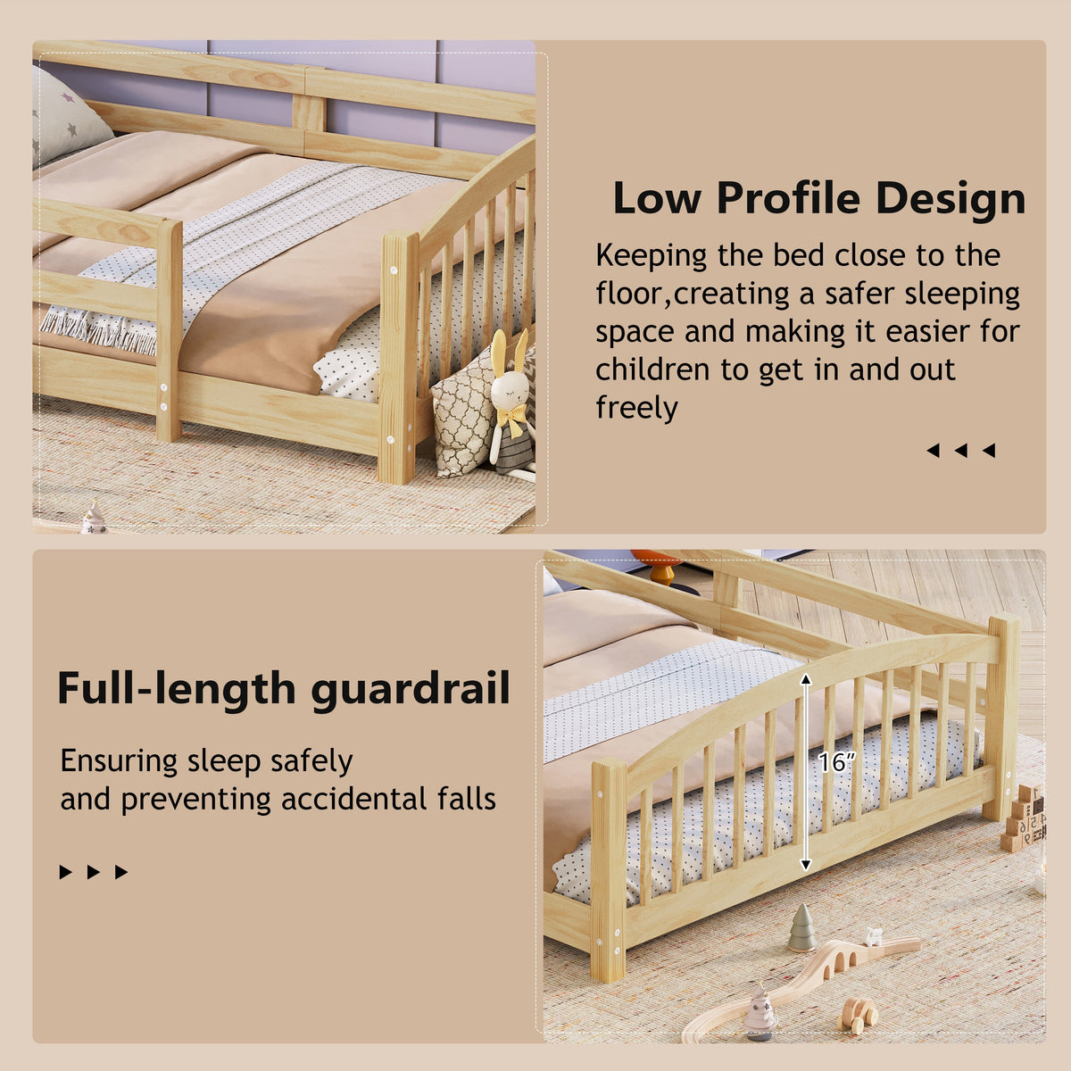 Twin Montessori Floor Bed with Slats and Safety Guardrails, Solid Wood Floor Bed with Fence and Without Door, Easy Assemble Montessori Bed for Girls and Boys, Gray