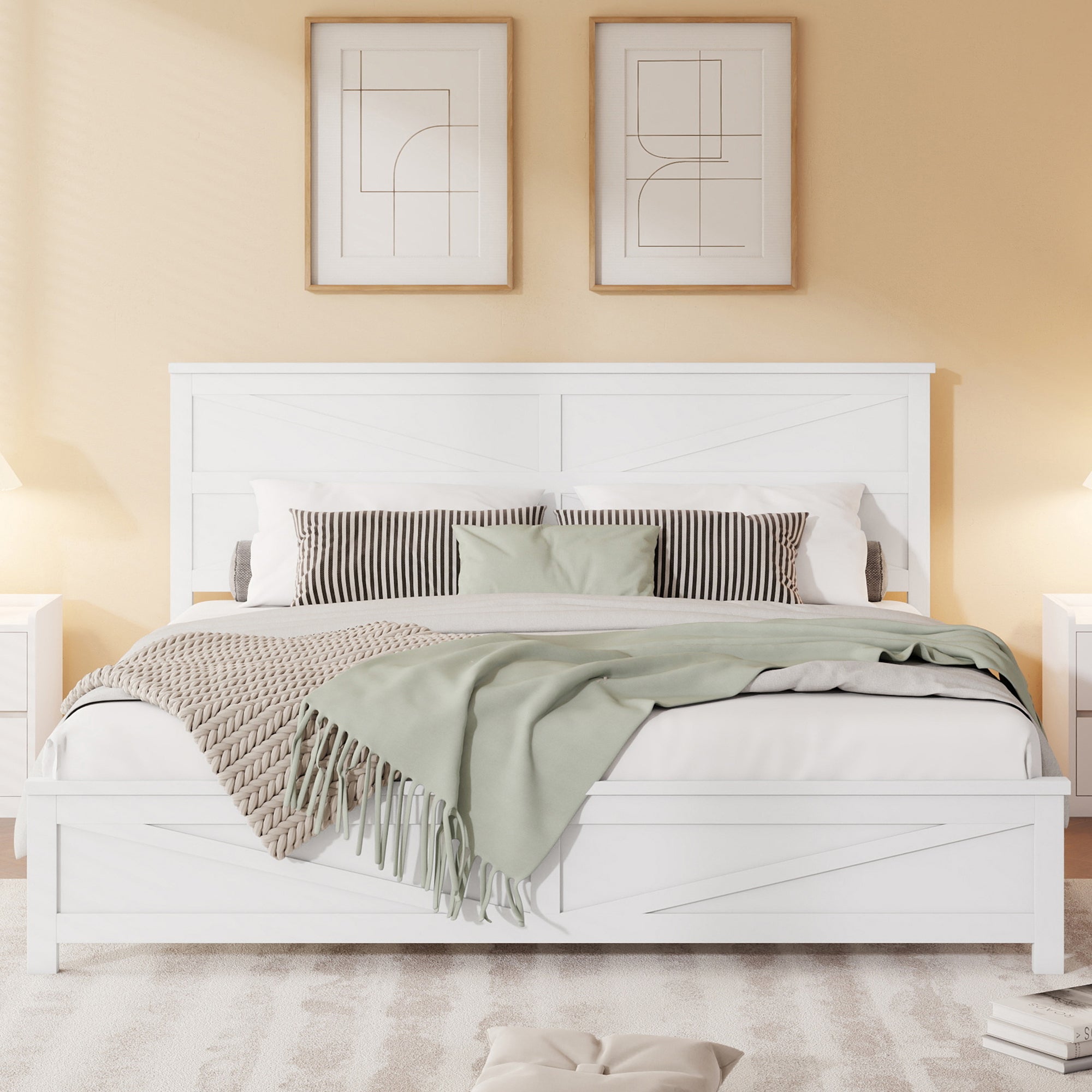 Farmhouse Style King Size Bed with Barn Door Designed Headboard and Footboard, Pinewood Bed with Strengthened Bed Frame,White