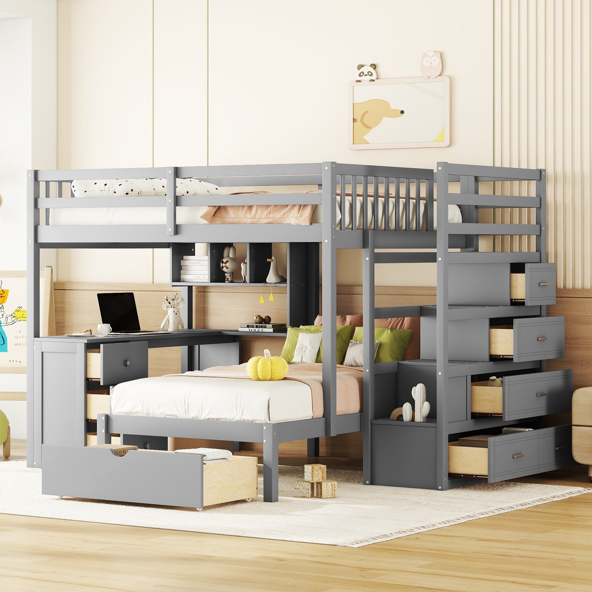 Gray full-over-twin bunk bed with desk and drawers — front view