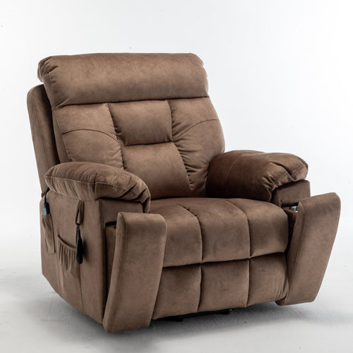 Antique brown velvet power lift recliner chair — front view