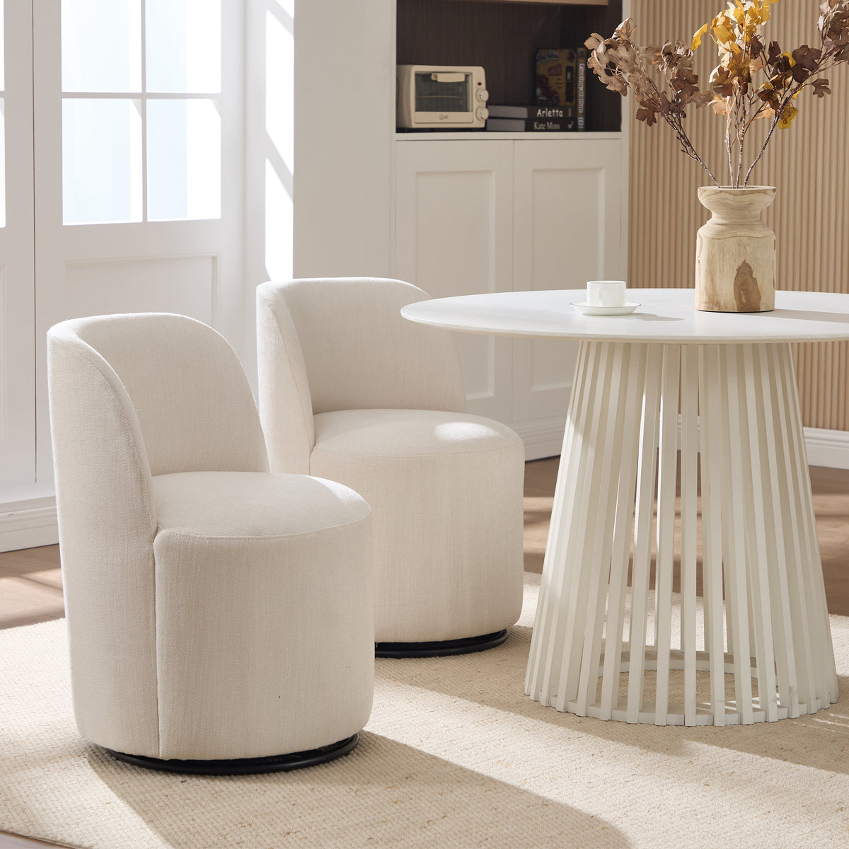 Set Of 1 Upholstered Kitchen & Dining Room Barrel Chair, Mid Century Modern Round Linen Dining Chair, 360 Degree Swivel Comfy Armless Accent Makeup Vanity Side Chair for Bedroom Living Room