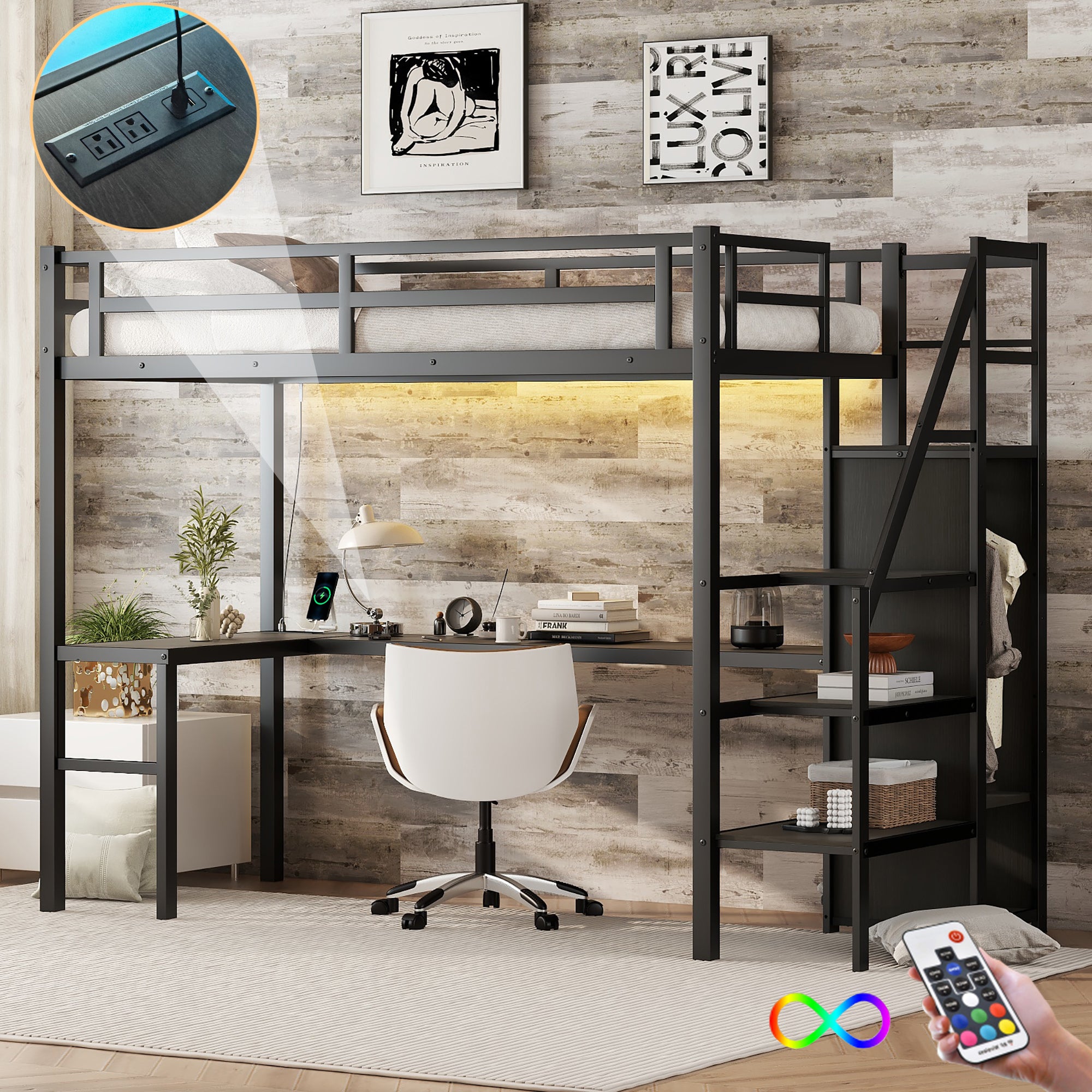 Black Twin XL metal loft bed with L-shaped desk — front view