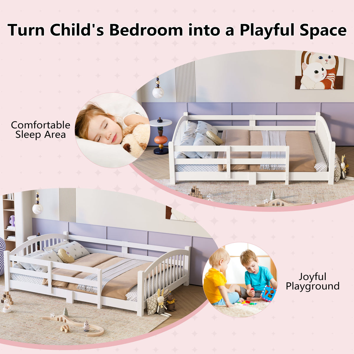 Twin Montessori Floor Bed with Slats and Safety Guardrails, Solid Wood Floor Bed with Fence and Without Door, Easy Assemble Montessori Bed for Girls and Boys, Gray