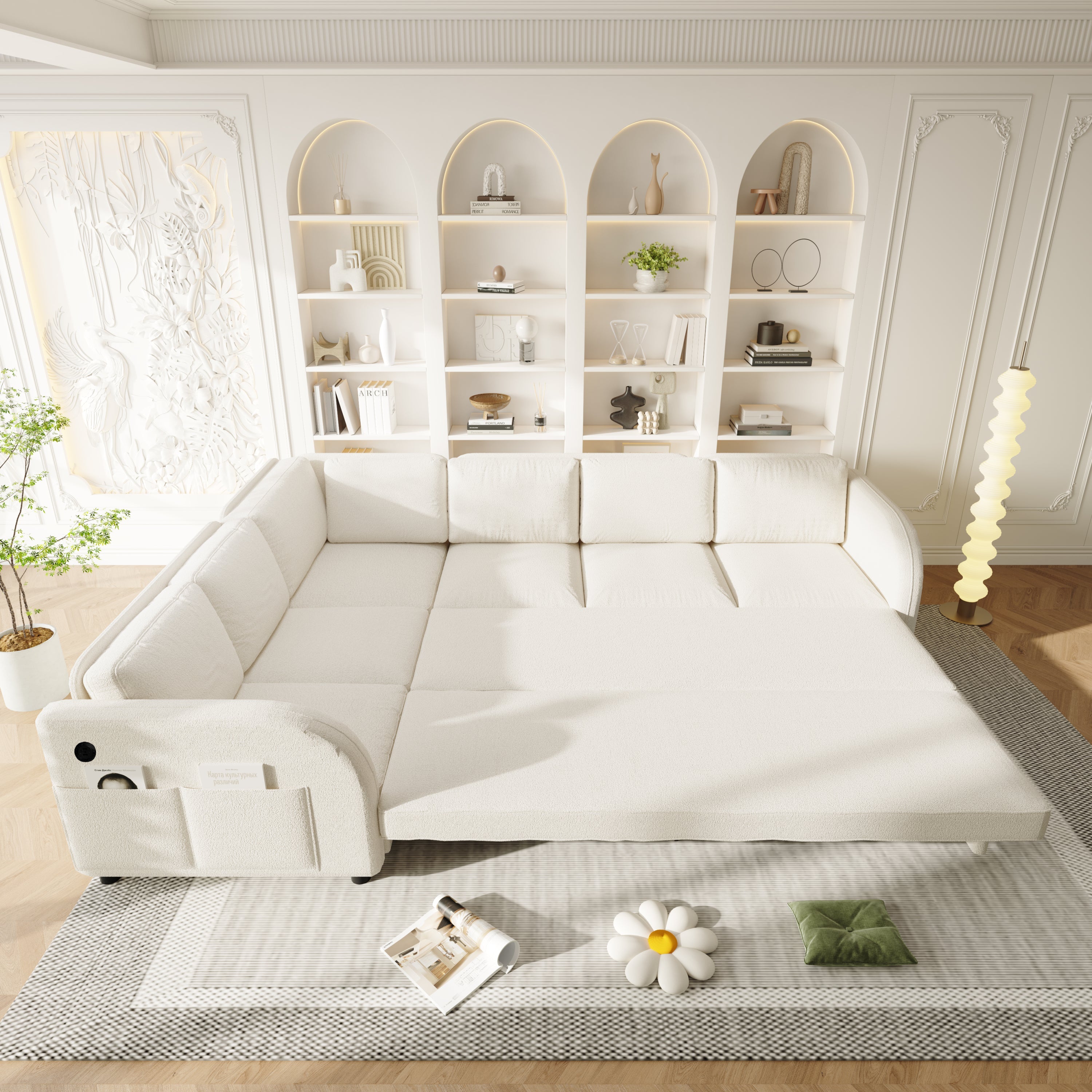 115.2' L-Shaped Sofa Couch with Pull-Out Bed,Oversize Convertible Sleeper Sofa with side Pocket & USB Port,Teddy Upholstered Sectional Couches with Convert Left/Right Facing, Light Grey