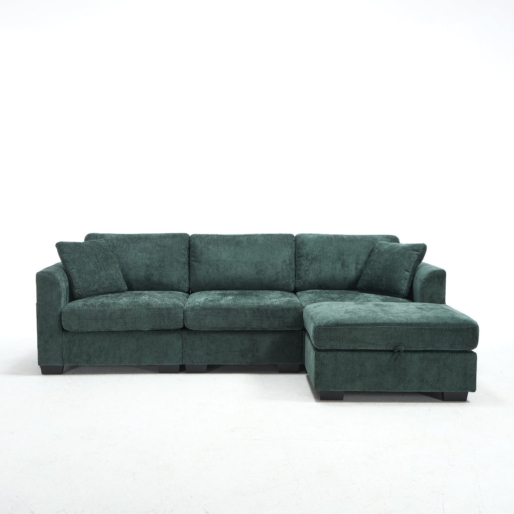 Modern Storage Sofa with Dual USB, 2 Side Pockets,Ottoman Storage Bench Cloud Sectional Chenille Sofa Oversized,4-Seat, L-Shaped Couch,Black