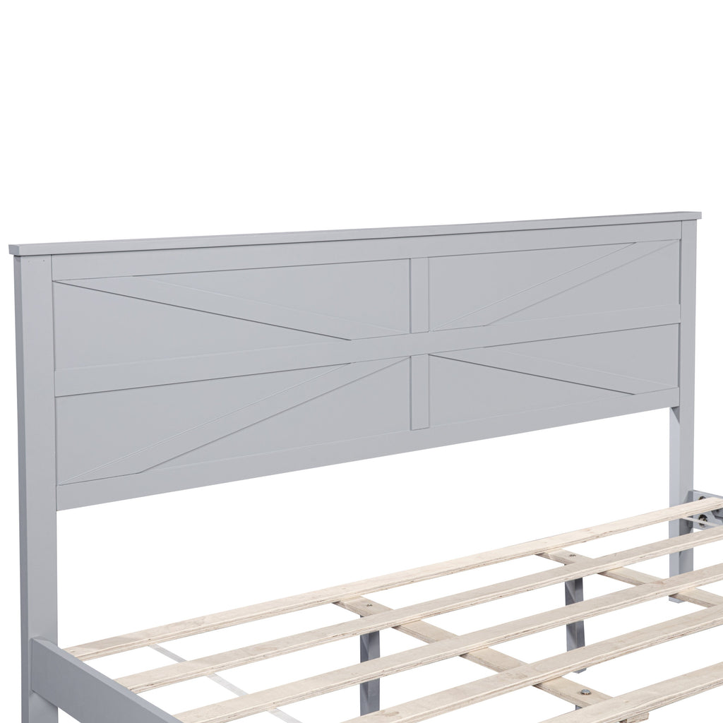 Farmhouse Style King Size Bed with Barn Door Designed Headboard and Footboard, Pinewood Bed with Strengthened Bed Frame,White