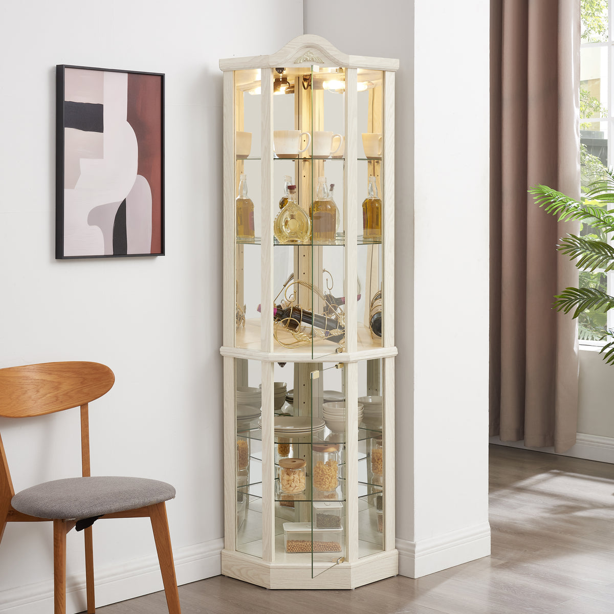 Glass Cabinet Lighted Corner Cabinet Corner Display Curio Cabinet, Glass Display With Light(Included)Bar Cabinet, Wine Cabinet with Adjustable Glass Shelves Carved Decoration WHITE, Light(Included)