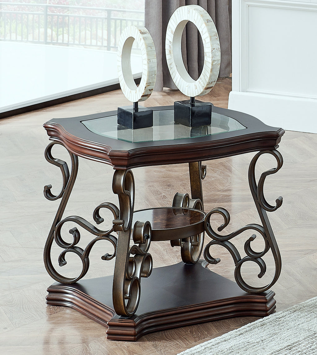 Brown glass-top end table marble shelf — front view