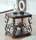 Brown glass-top end table marble shelf — front view
