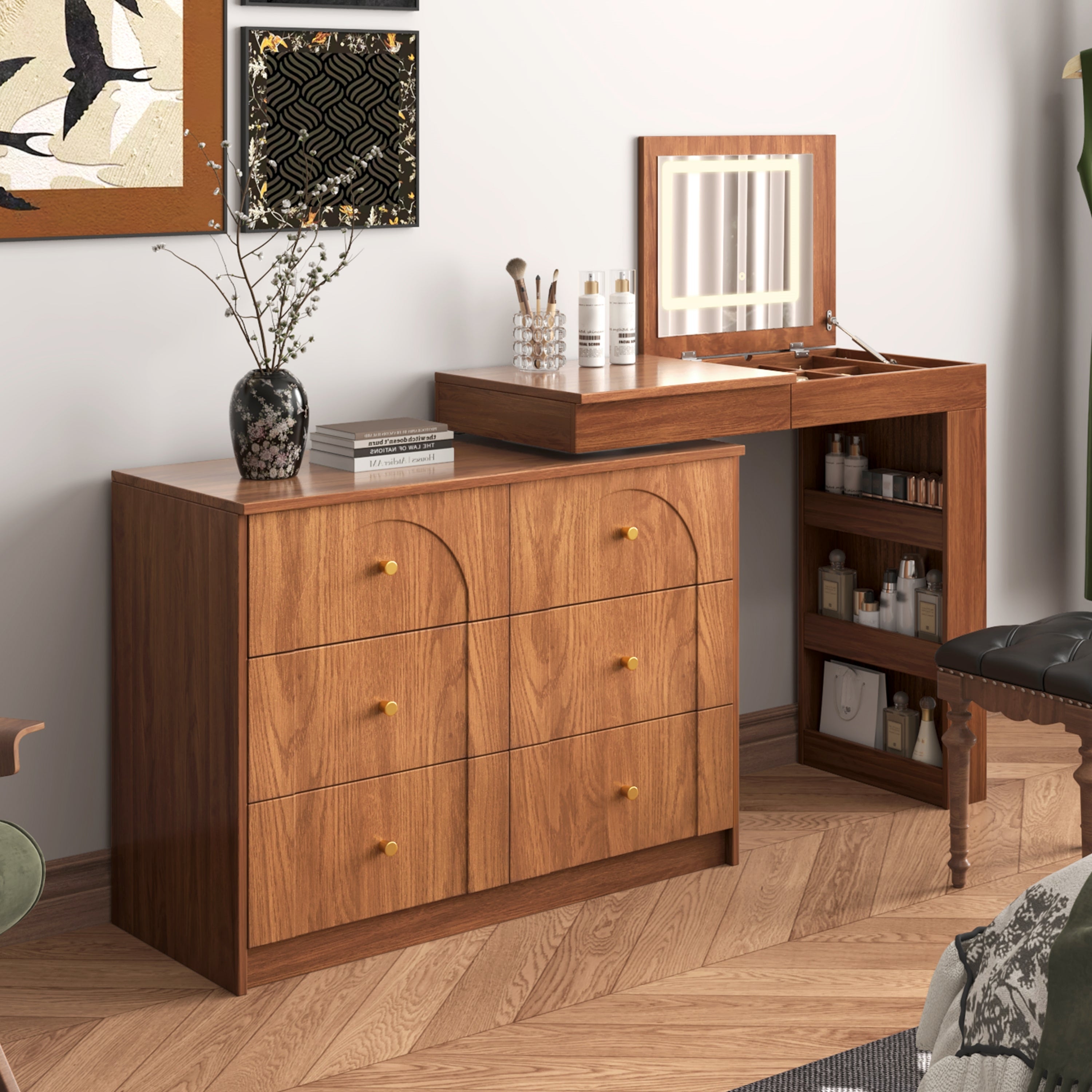 Vanity Desk with Mirror and Lights, Makeup Vanity Table with Flip-Top Tabletop and Storage 7 Drawers, 9 Compartments, 3 Shelves, 3 Color Modes Adjustable Makeup Table for Bedroom, Walnut (N733P279096)