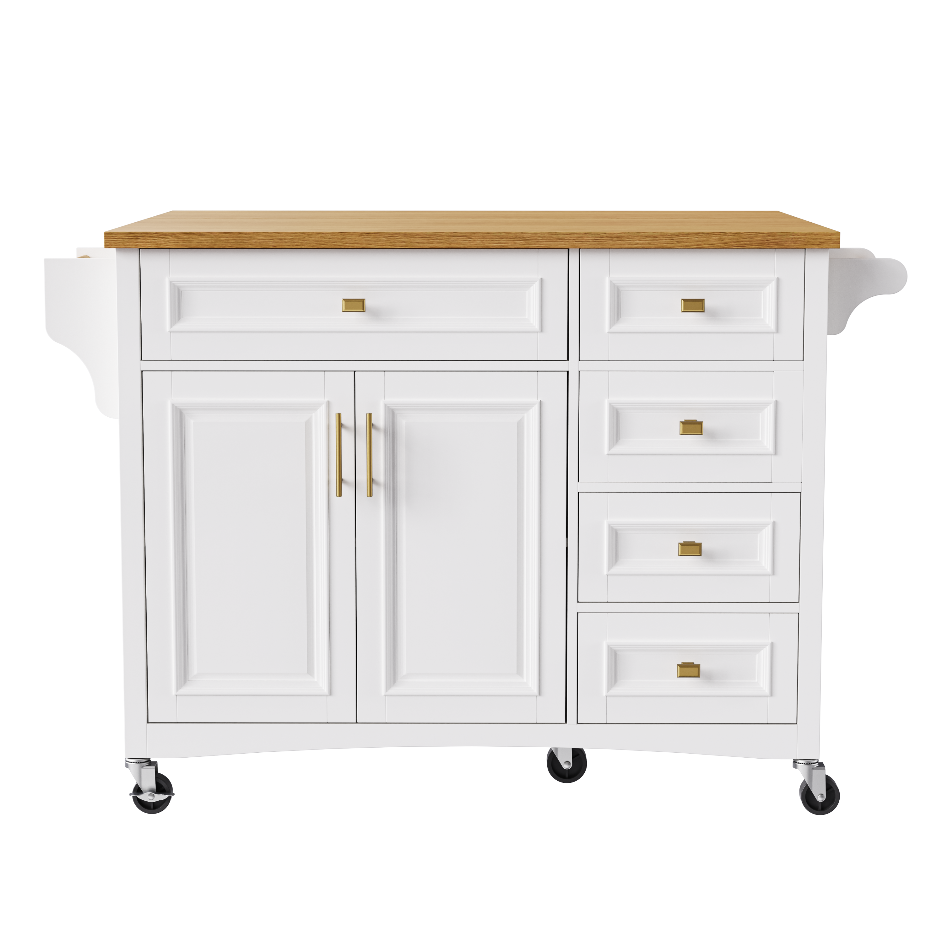 K&K 52'' Kitchen Island with Drop Leaf, Embossed Texture Kitchen Island on Wheels with Spice Rack, Towel Rack, 2 Doors and 5 Drawers, Kitchen Storage Cart with Adjustable Shelf for Kitchen, Blue Grey