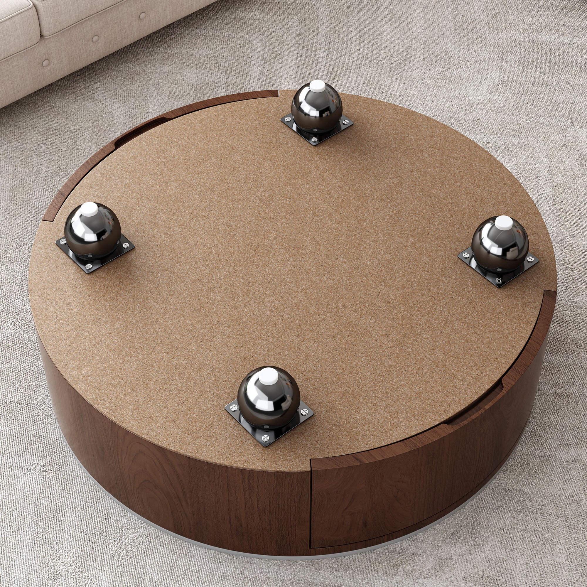 Round storage coffee table brushed stainless steel legs profile