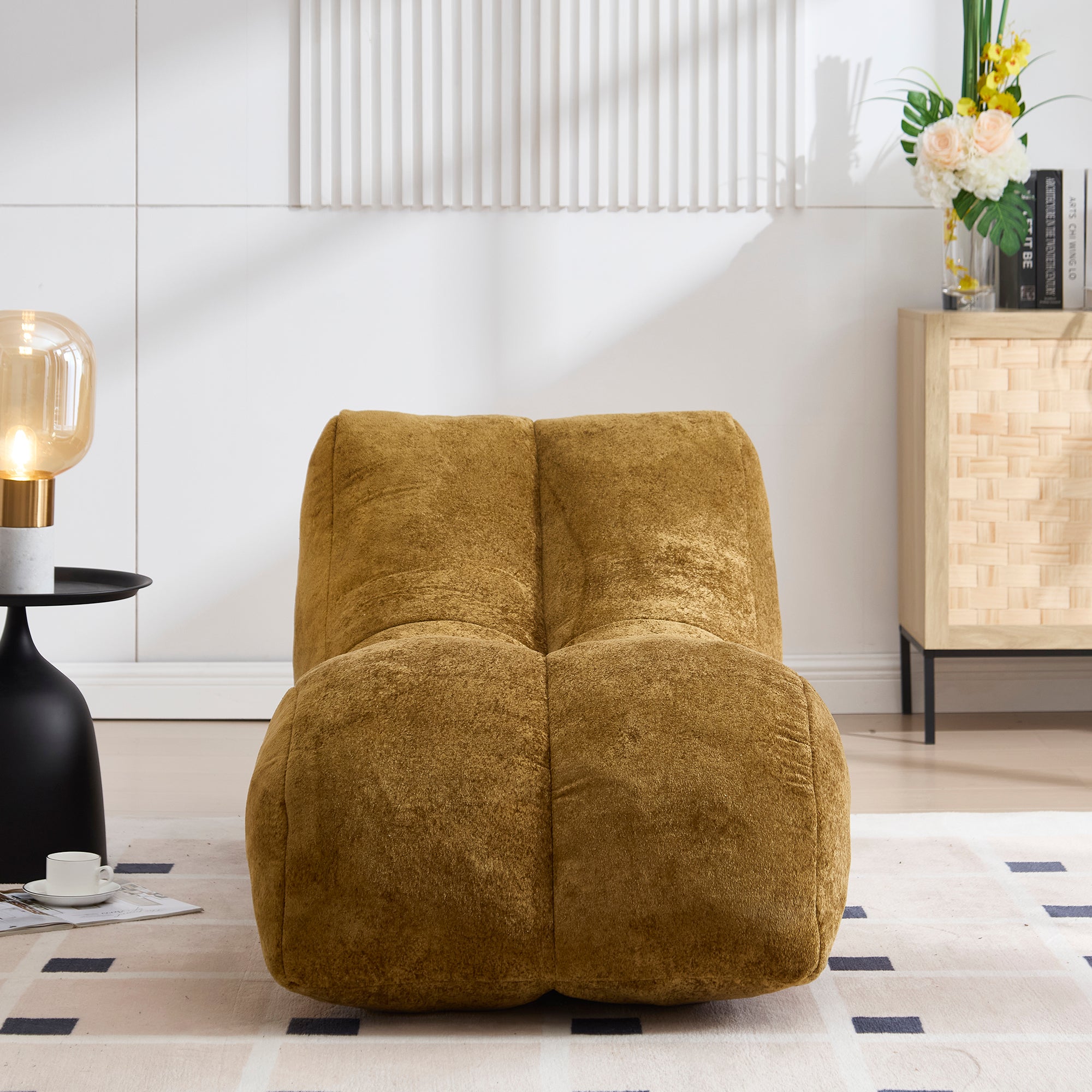 Brown polyester bean bag in bedroom setting