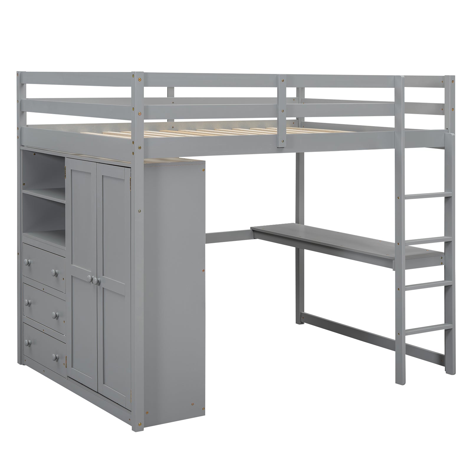 Gray full size loft bed with wardrobe and desk — front view