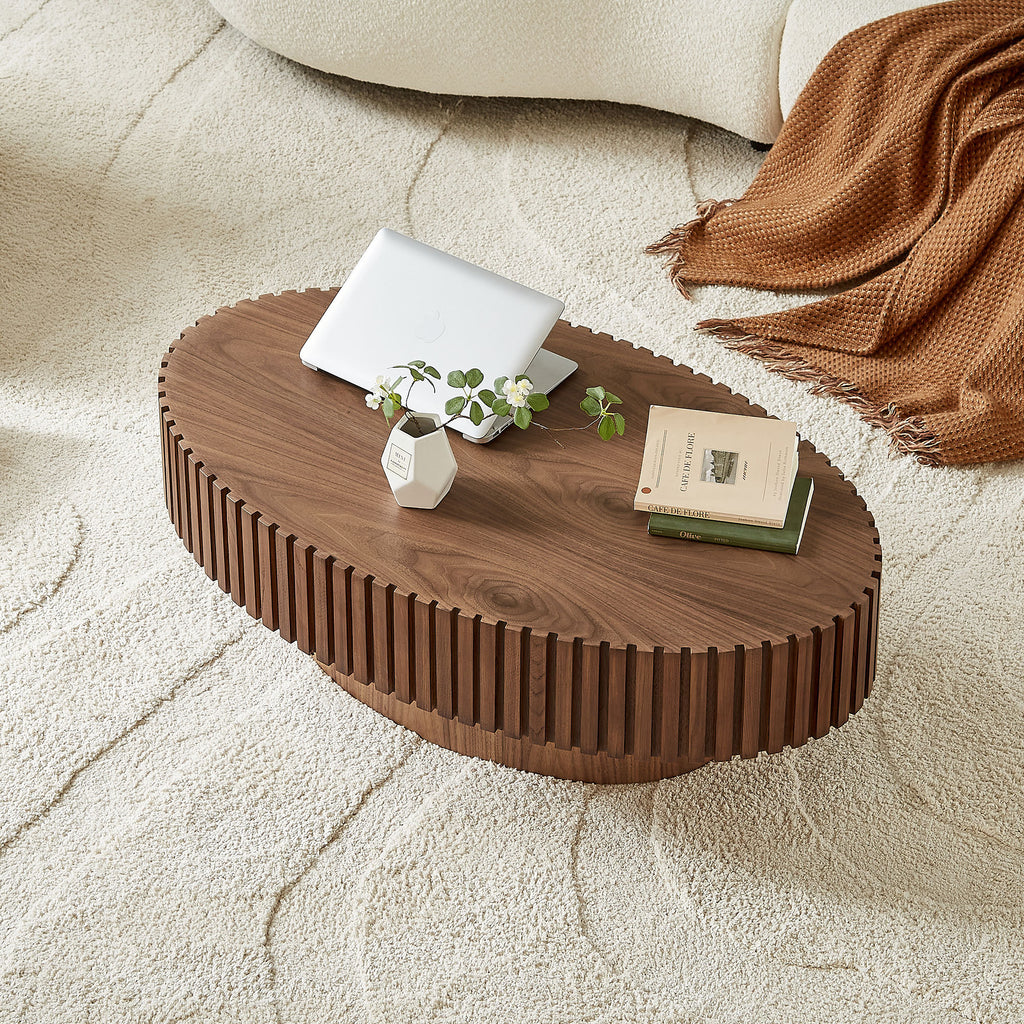 Walnut oval drum coffee table assembly detail