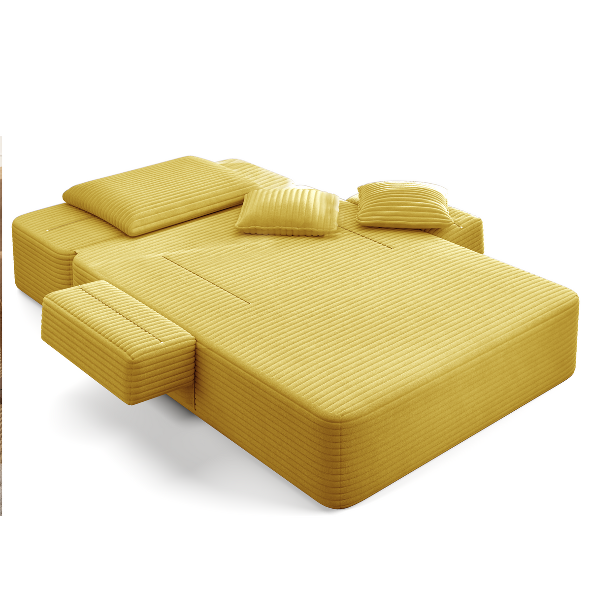 Oversized Plush Corduroy Chaise Lounge Sofa Bed,Convertible Sleeper Couch Bed w/ Storage Pockets,3 Soft Pillows,Multi-Functional Frameless Sofa Couch for Apartment,Home Theater,Guest Room,Beige&White