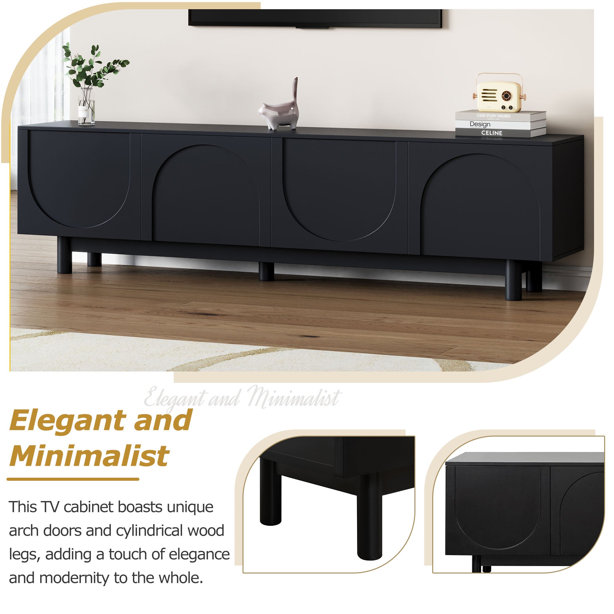 Black entertainment center with cylindrical wood legs