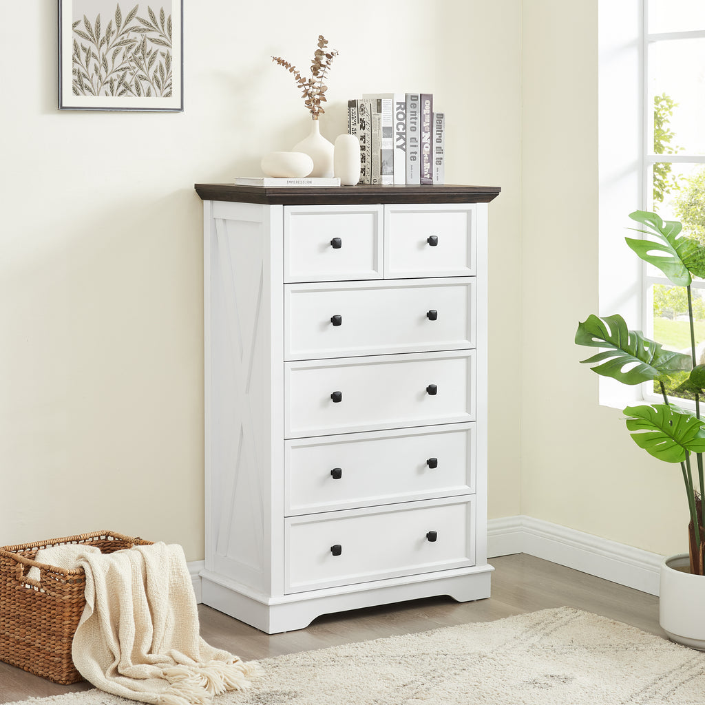White farmhouse 6-drawer dresser black grain finish — front view