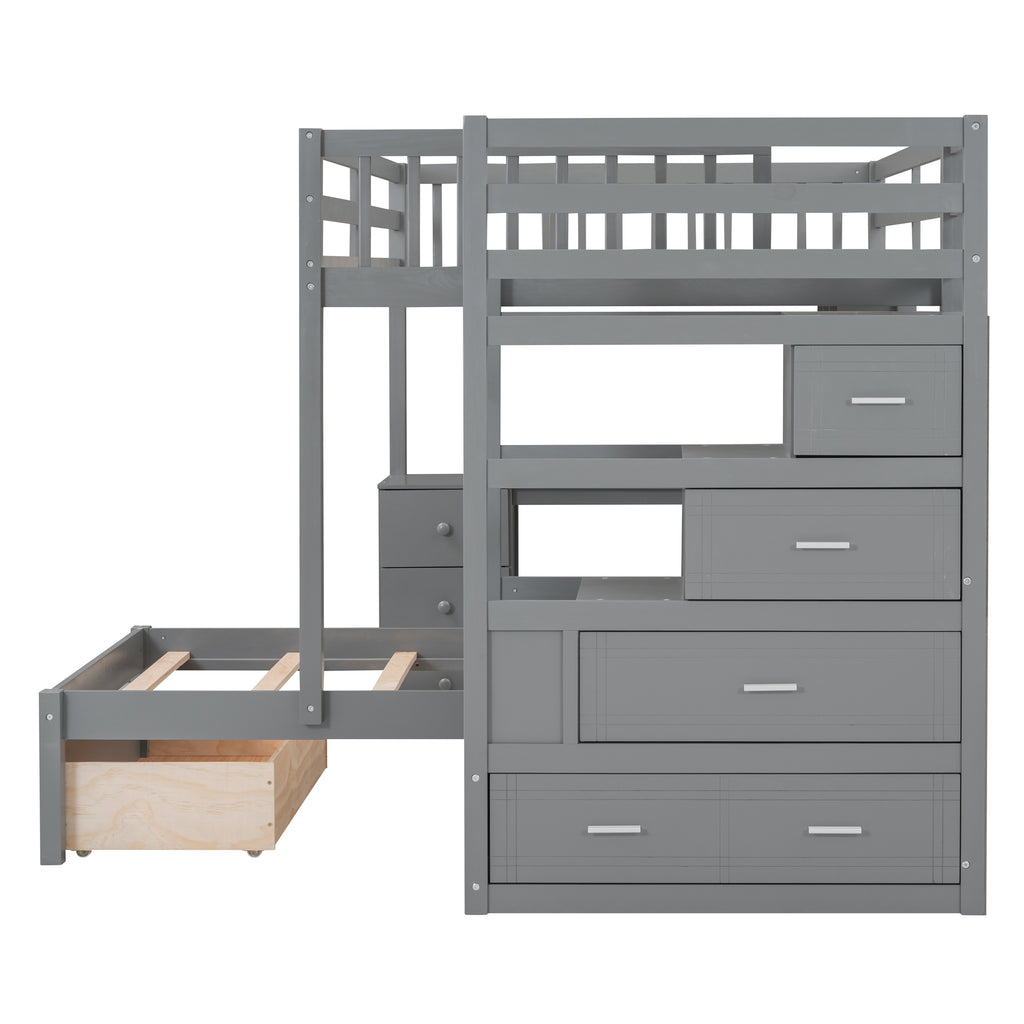 Gray full-over-twin bunk bed in shared kids bedroom