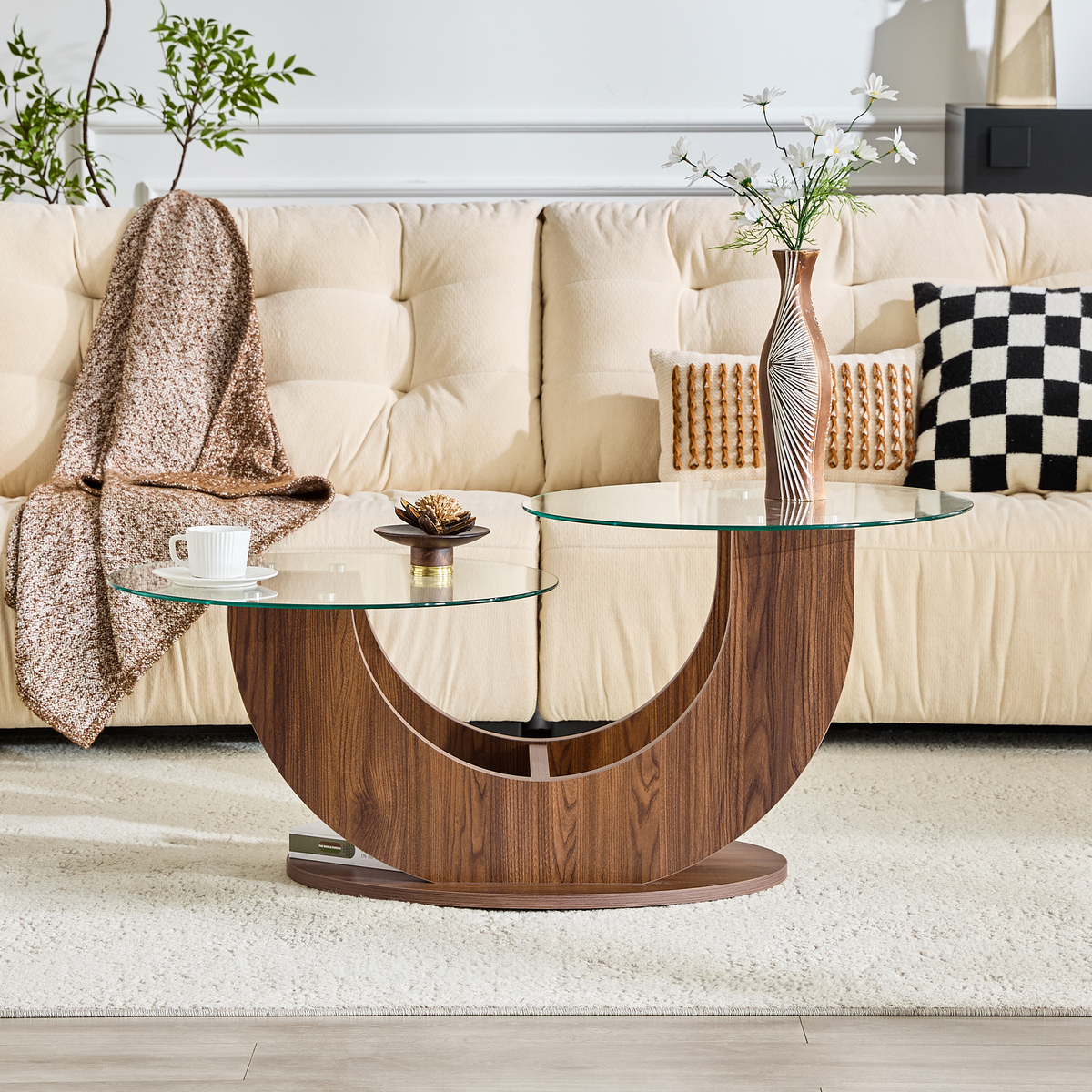 Creative U-Shaped Double-Tier Glass Coffee Table with Walnut-Colored MDF Base - Modern Minimalist Living Room Side Table with Adjustable Height.