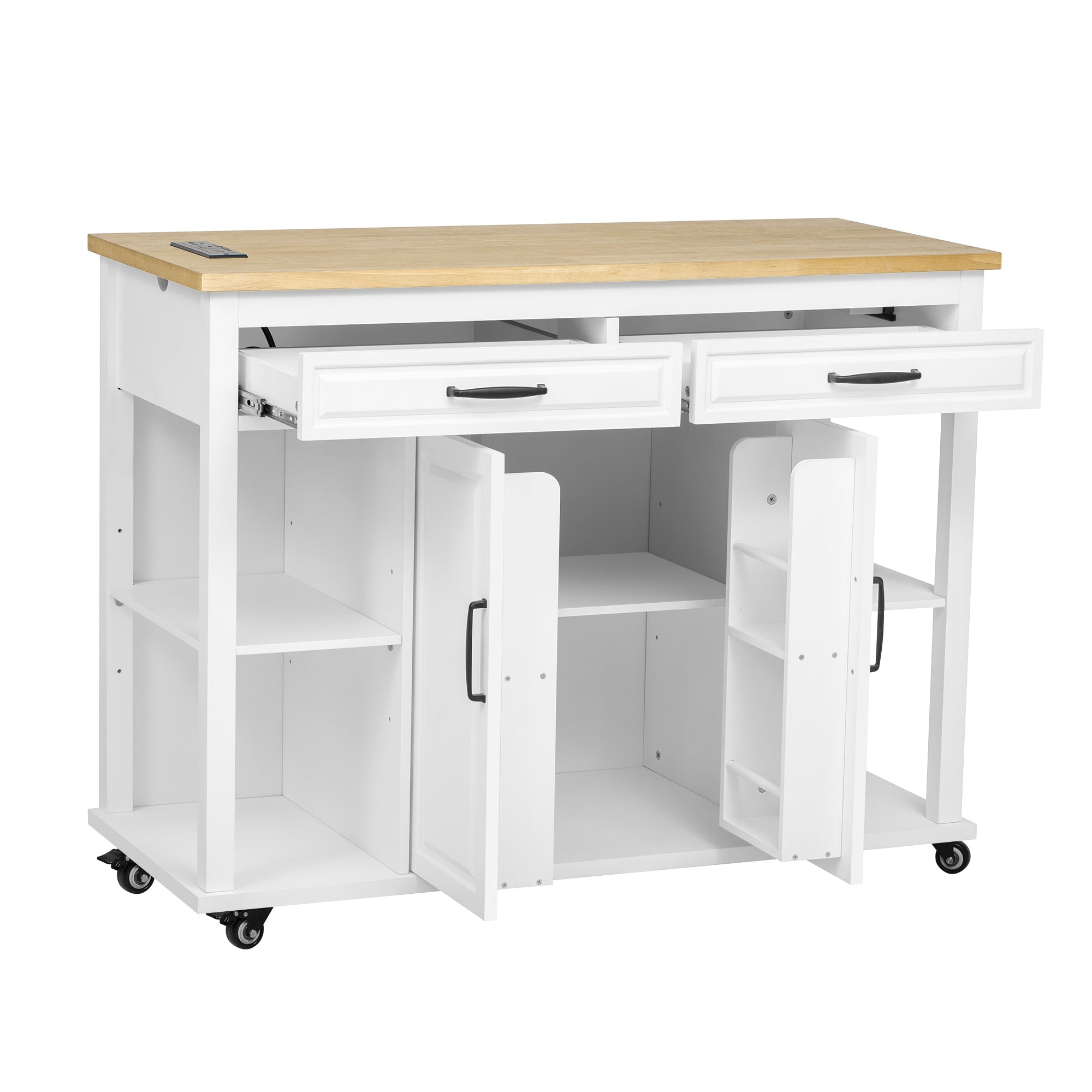 K&K 47 inch Kitchen Island with Extendable Dining Table, Rubber Wood Veneer Kitchen Table with Internal Storage Rack, Power Outlet, Kitchen island with Storage 2 Drawers 2 Cabinet, Black