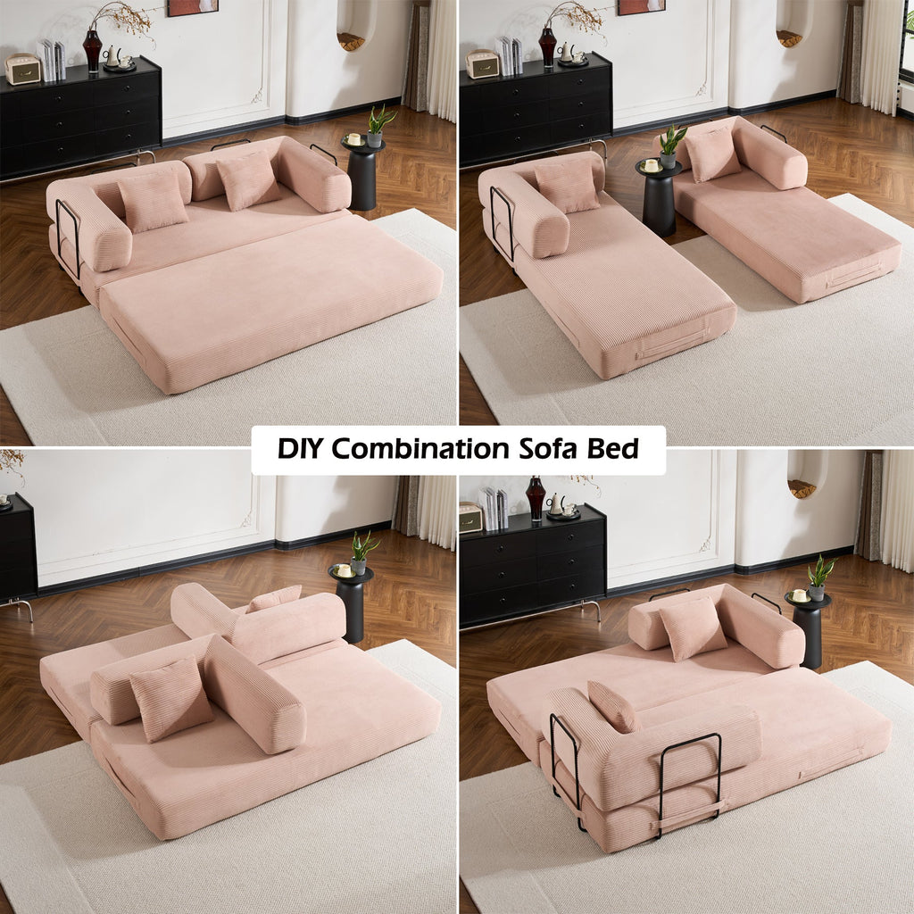 Convertible Sleeper Sofa Bed with Cylindrical Pillow, Corduroy Folding Mattress Couch with Fixed-Shape Frame, Floor Sofa Lounge Couch for Living Room Bedroom Black