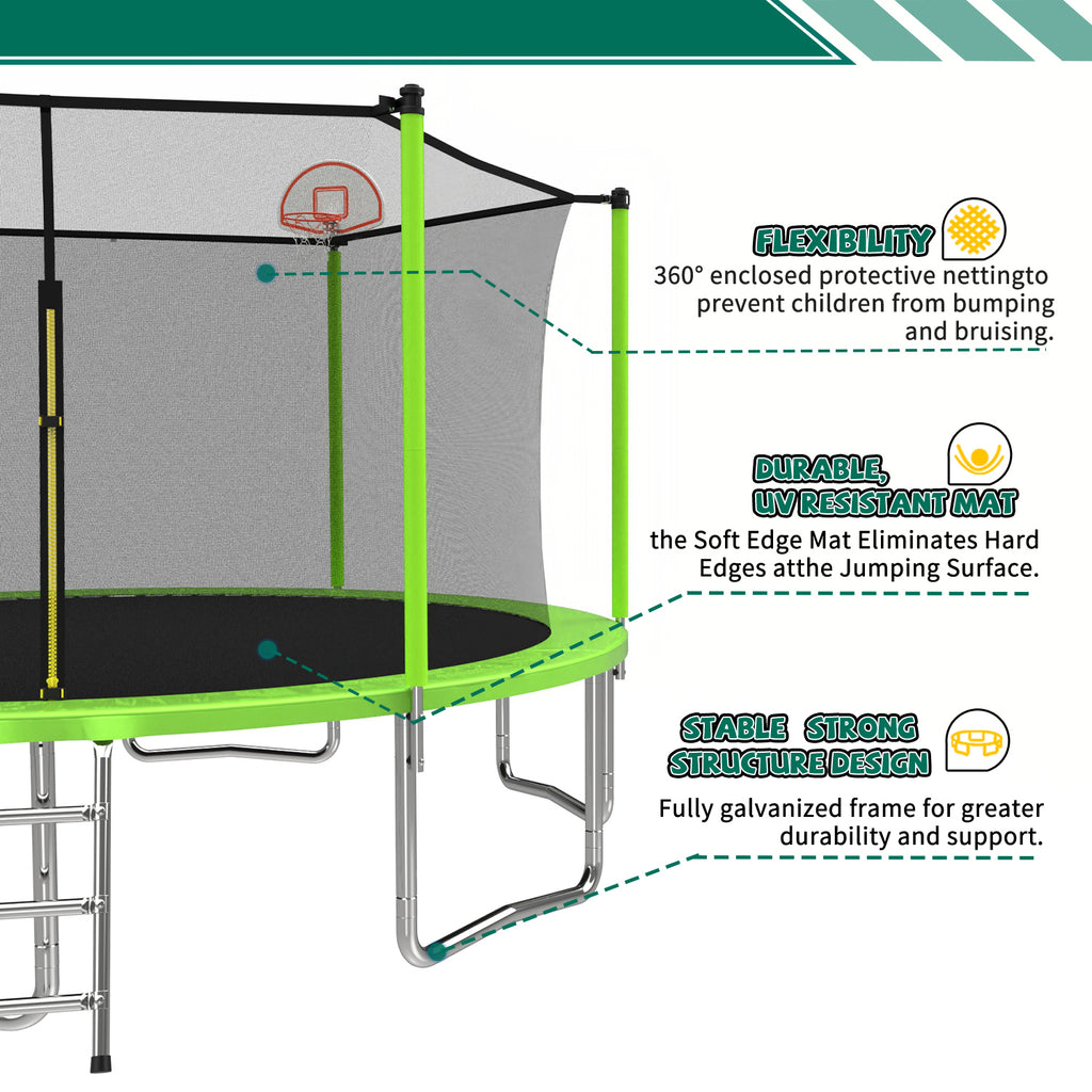 Backyard 14ft trampoline with shoe bag and ladder angle view