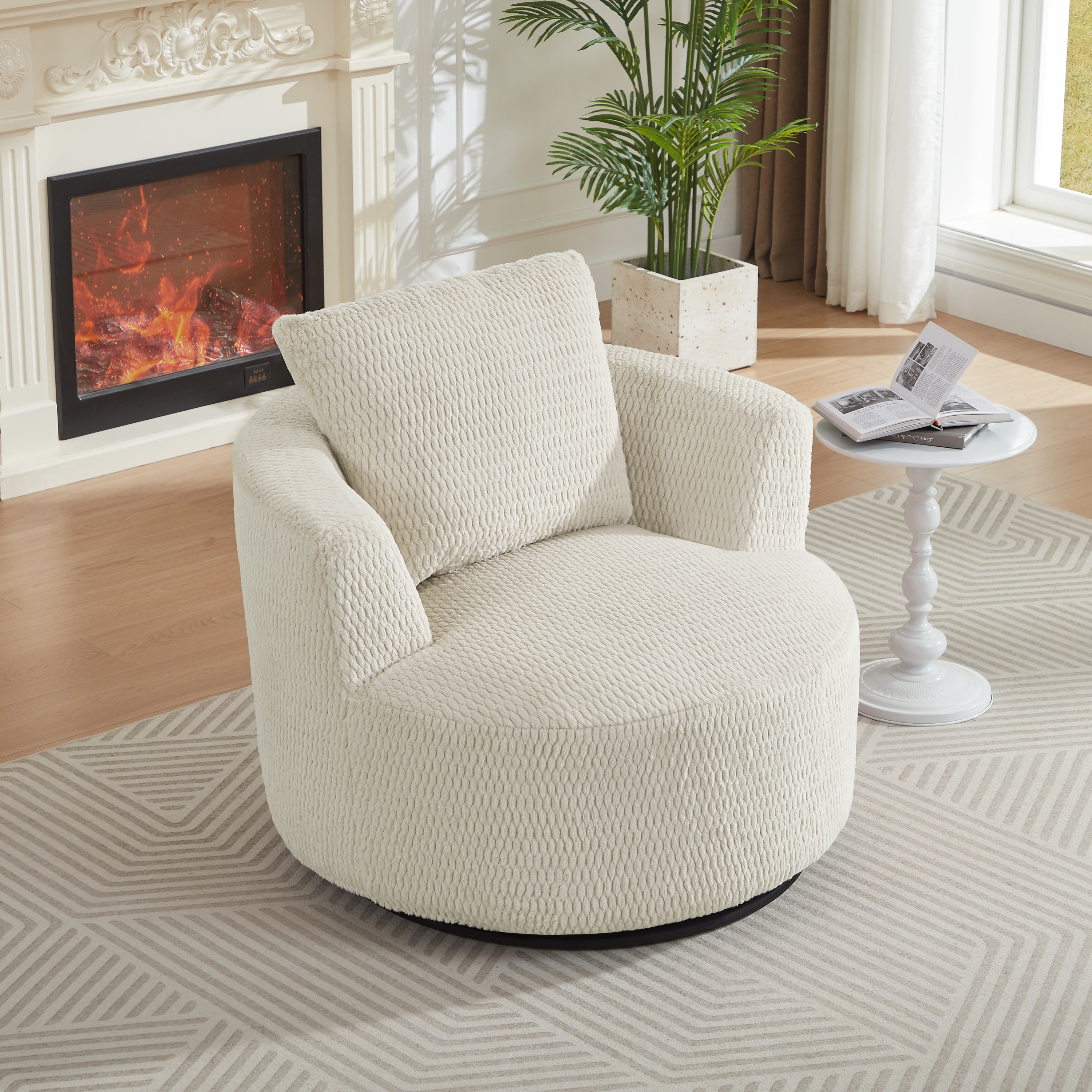 Compressible swivel chair with plush faux fur upholstery