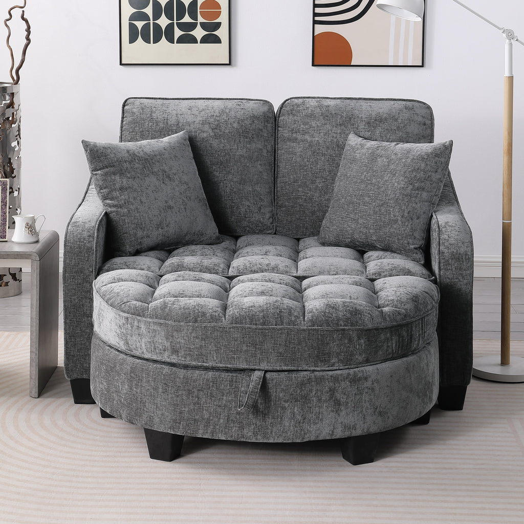 Corduroy 2-Seater Sofa Chaise — Storage Footrest & 2 Pillows, 42.7" Wide