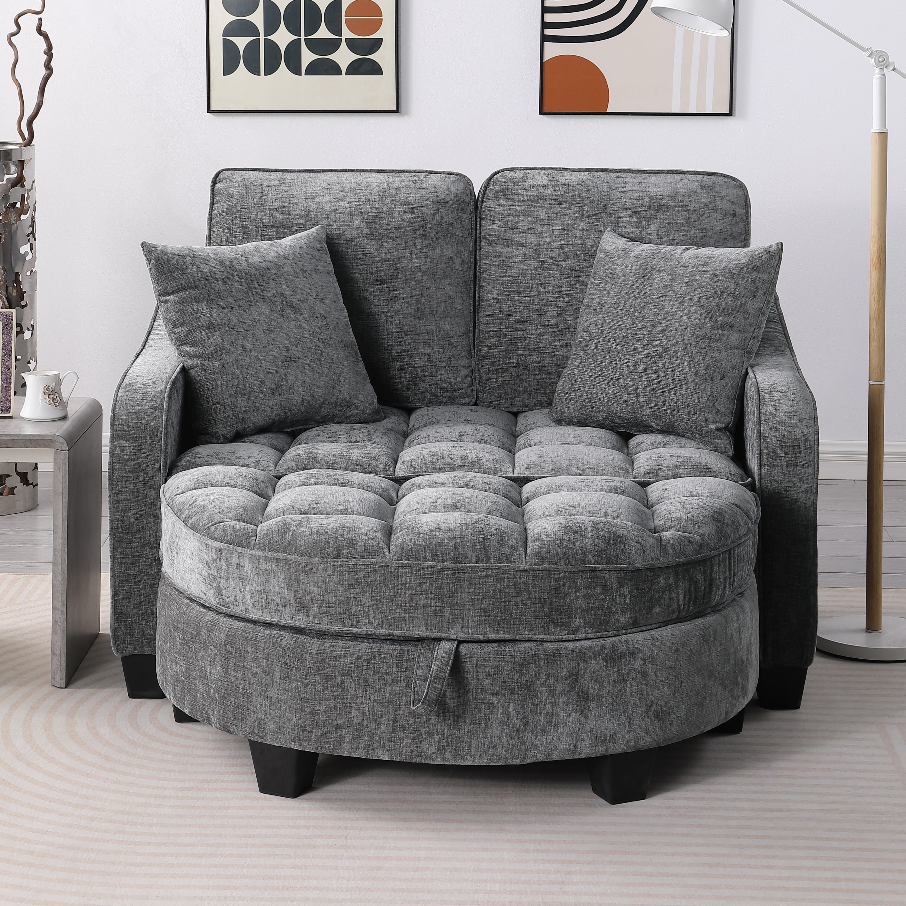 Corduroy 2-Seater Sofa Chaise — Storage Footrest & 2 Pillows, 42.7" Wide