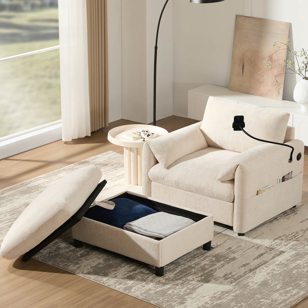 37' Single Sofa with Storage Ottoman, Adjustable Phone Holder, Dual-Port Charger, Storage Pockets, Elephant Ear Armrest, Comfy Chenille Armchair, Modern Cloud Chaise Lounge for Living Room&Apartment
