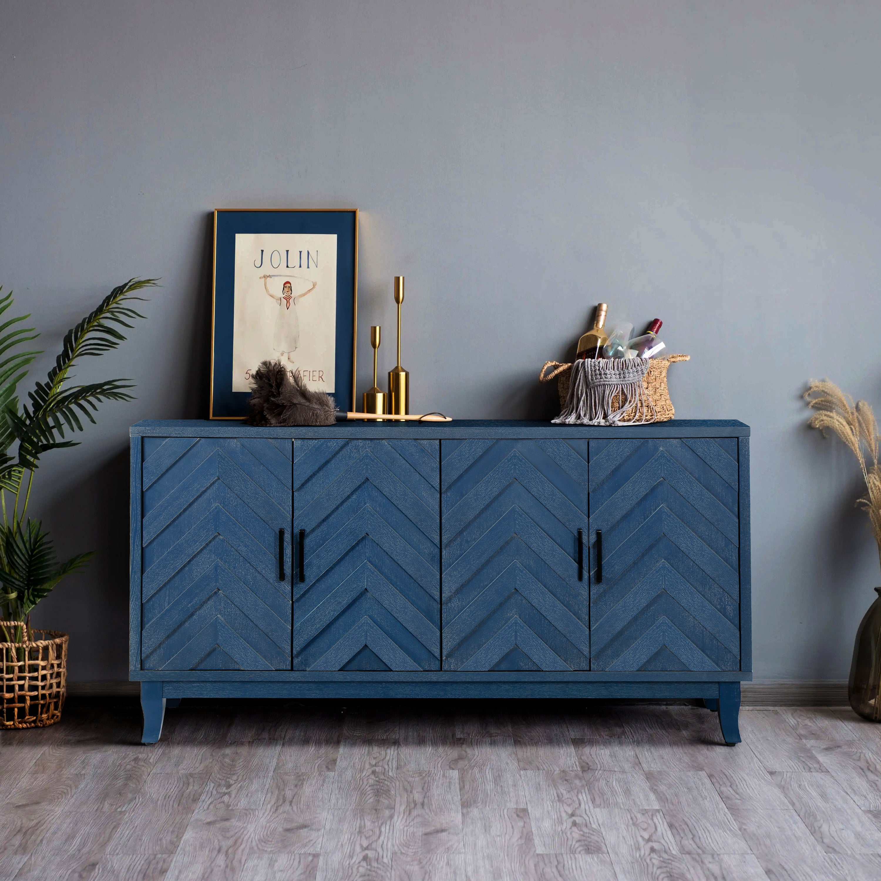 Antique navy blue 4-door sideboard with striped panel doors — front view