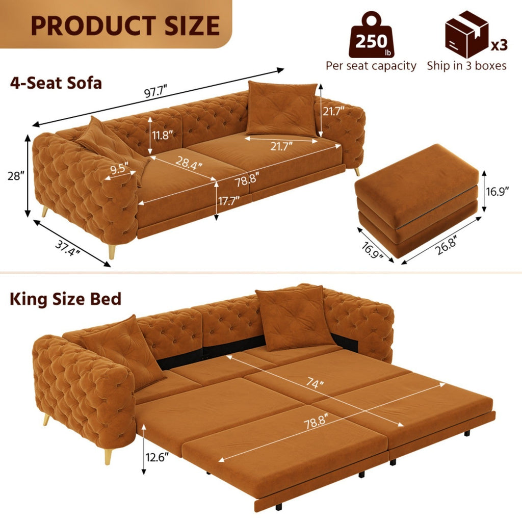 97.7' 3-in-1 Convertible Sleeper Sofa, 28.4' Deep Seat Pull Out Sofa Bed,Button Tufted Modern Sofa, 4-Seater Couch with Movable Ottoman for Apartment, Office, Bedroom,Beige/White