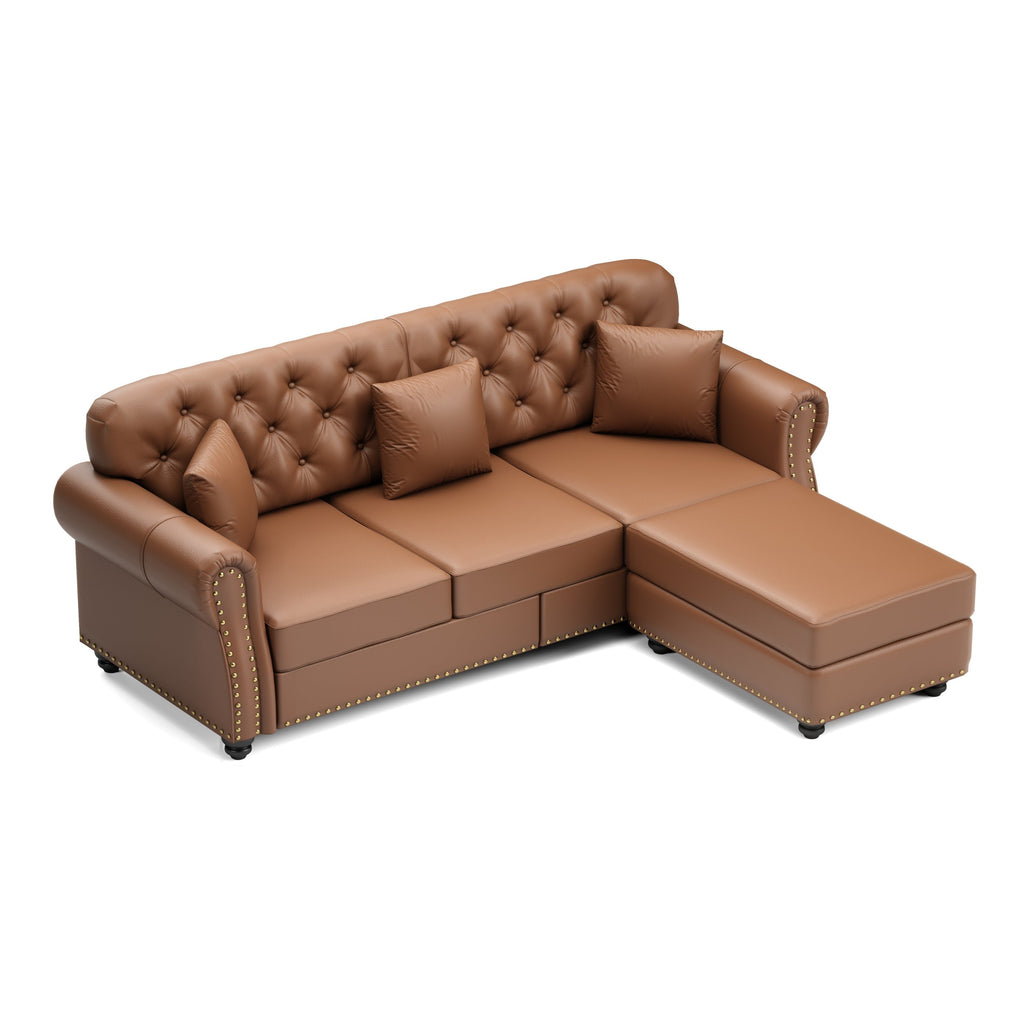 82.6'Upholstered Faux Leather Sofa with Nailhead Trim and Rolled Armrests,Mid-Century Modern Chesterfield Sofa with Button Tufted,Includes 3 Pillows,Black