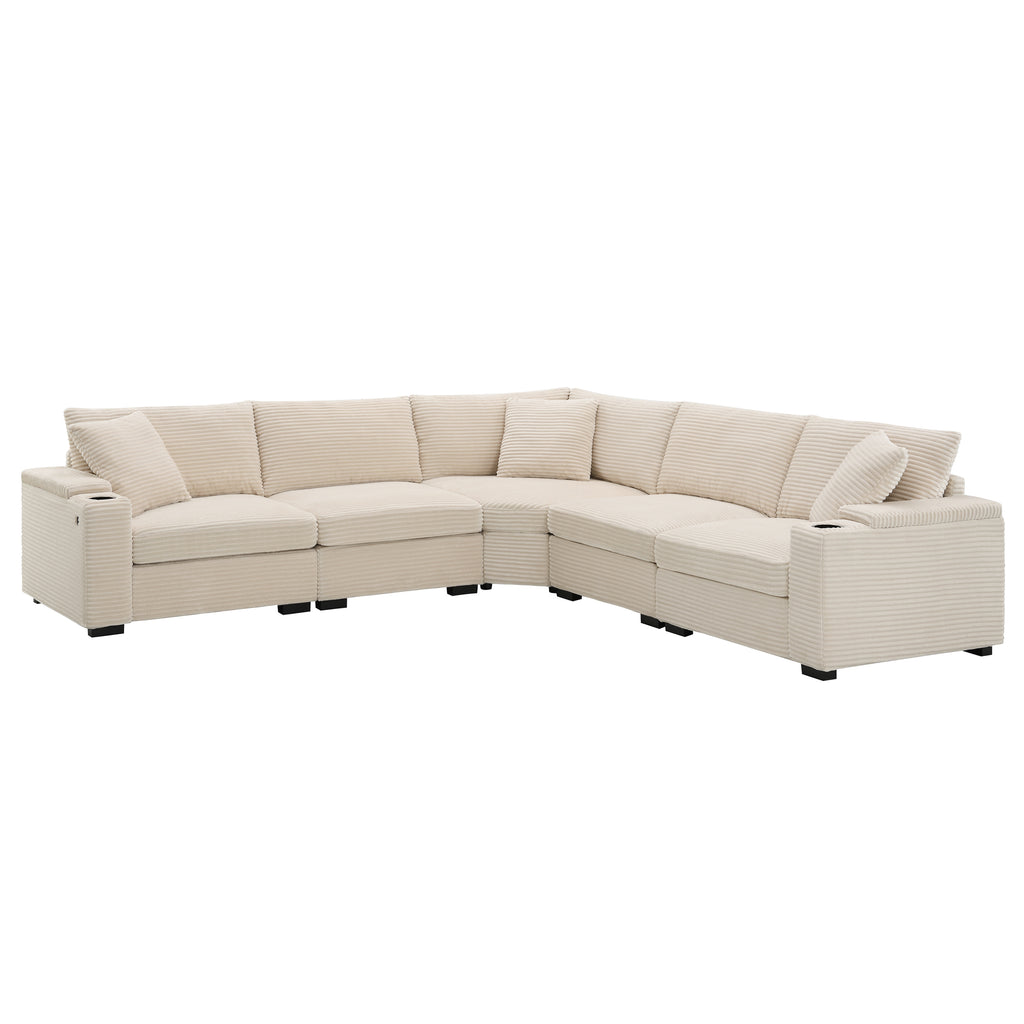 Beige corduroy 5-seat sectional sofa full product overview