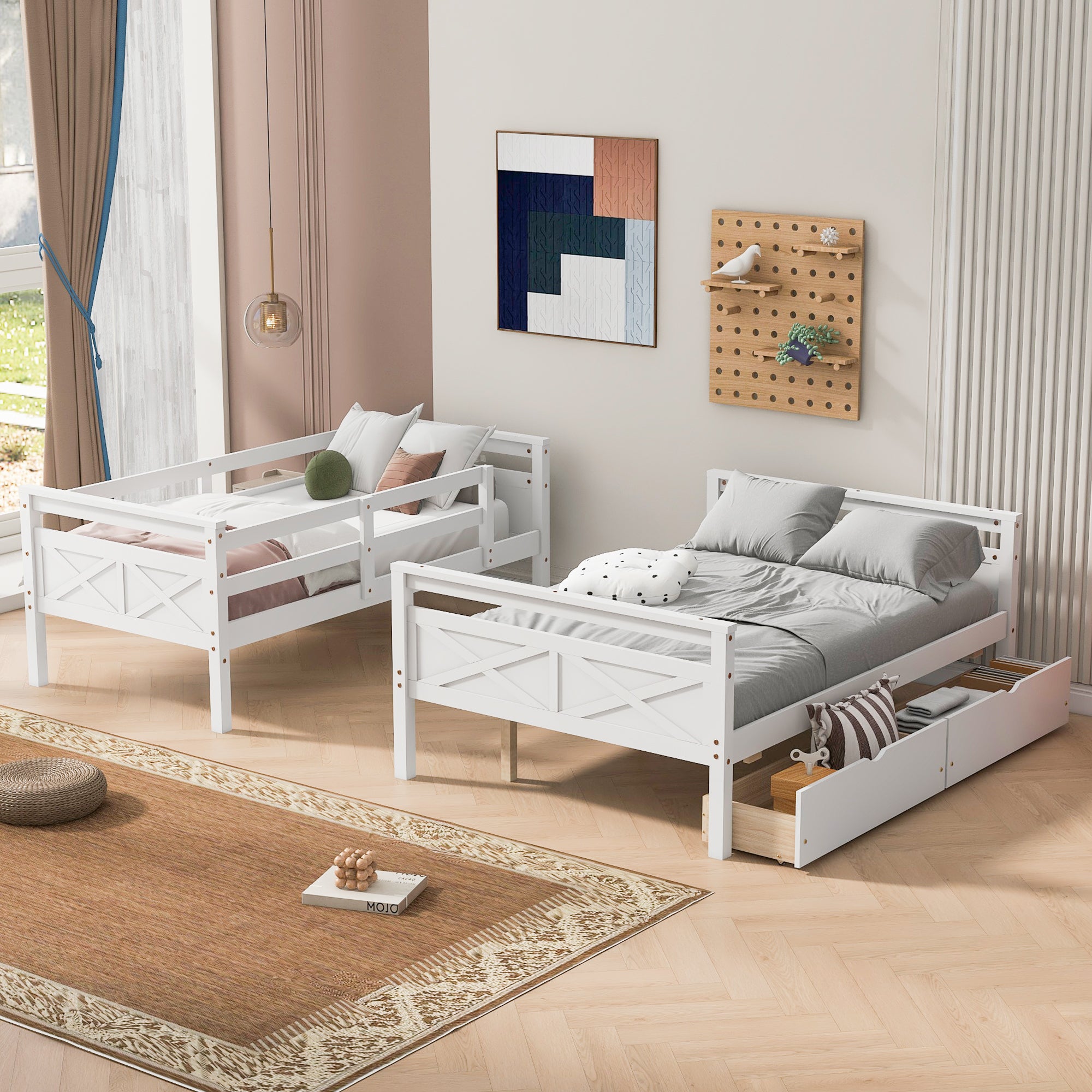 Twin over full bunk bed with attached slanted ladder