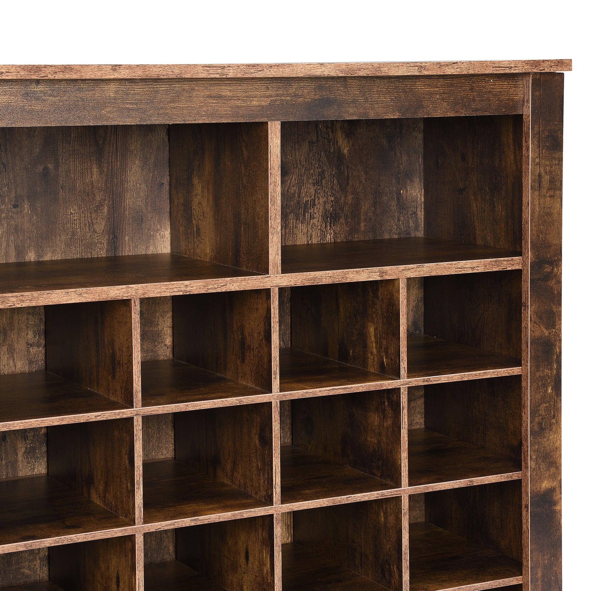 Rustic brown shoe cabinet cubby interior detail