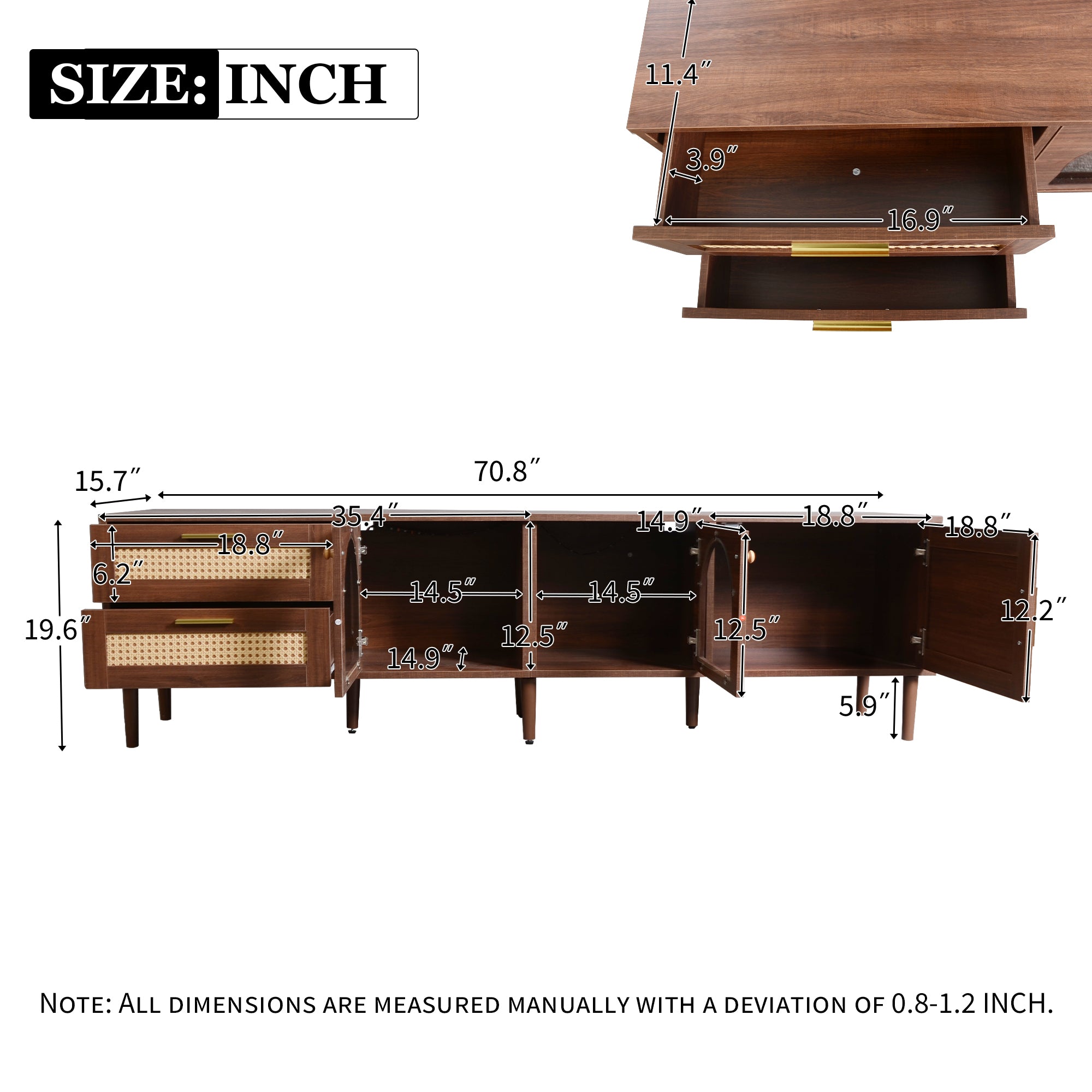 Dark brown media console with woven drawer fronts angle view