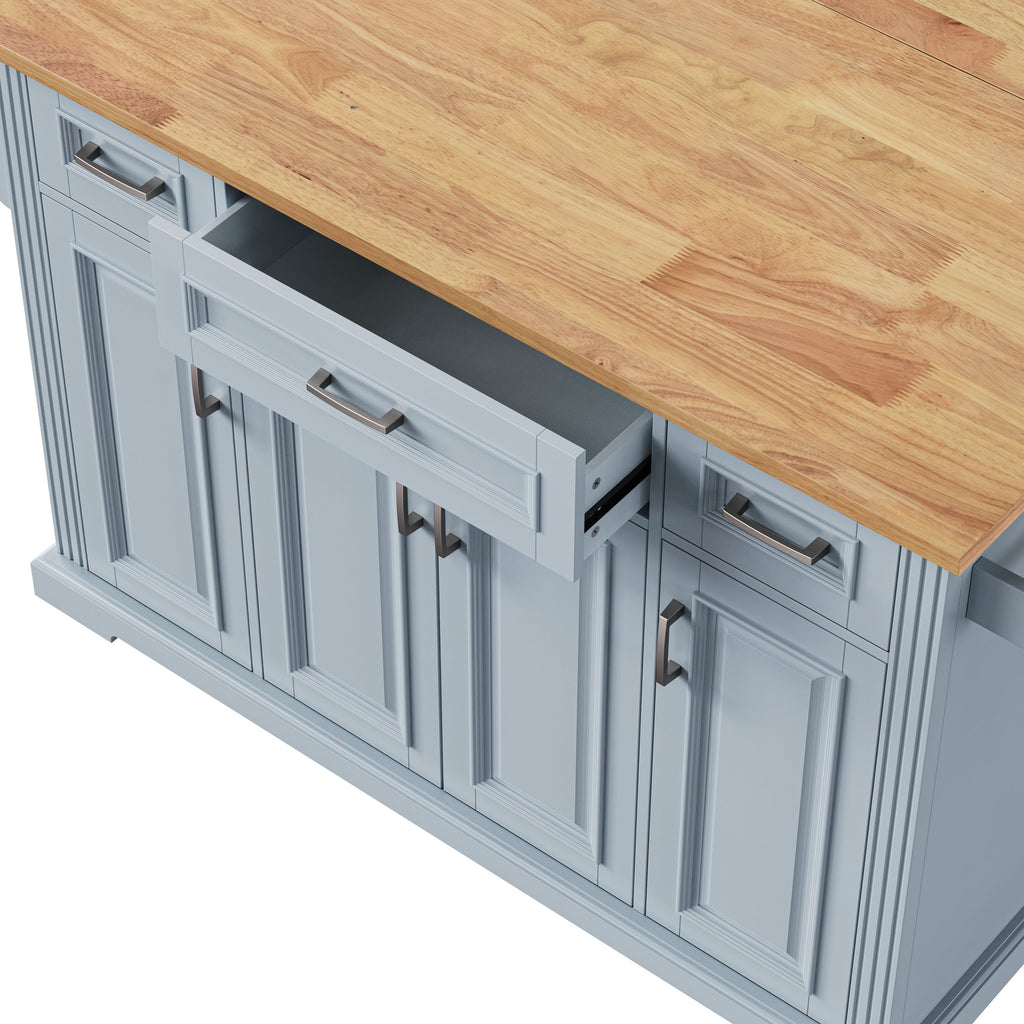 K&K 54inch Large Kitchen Island with Rubber Wood Drop Leaf, Embossed Texture Rolling Kitchen Cart on 4 Wheels with 4 Doors and 3 Drawers, Kitchen Island with Storage for Kitchen, Dining Room,Black