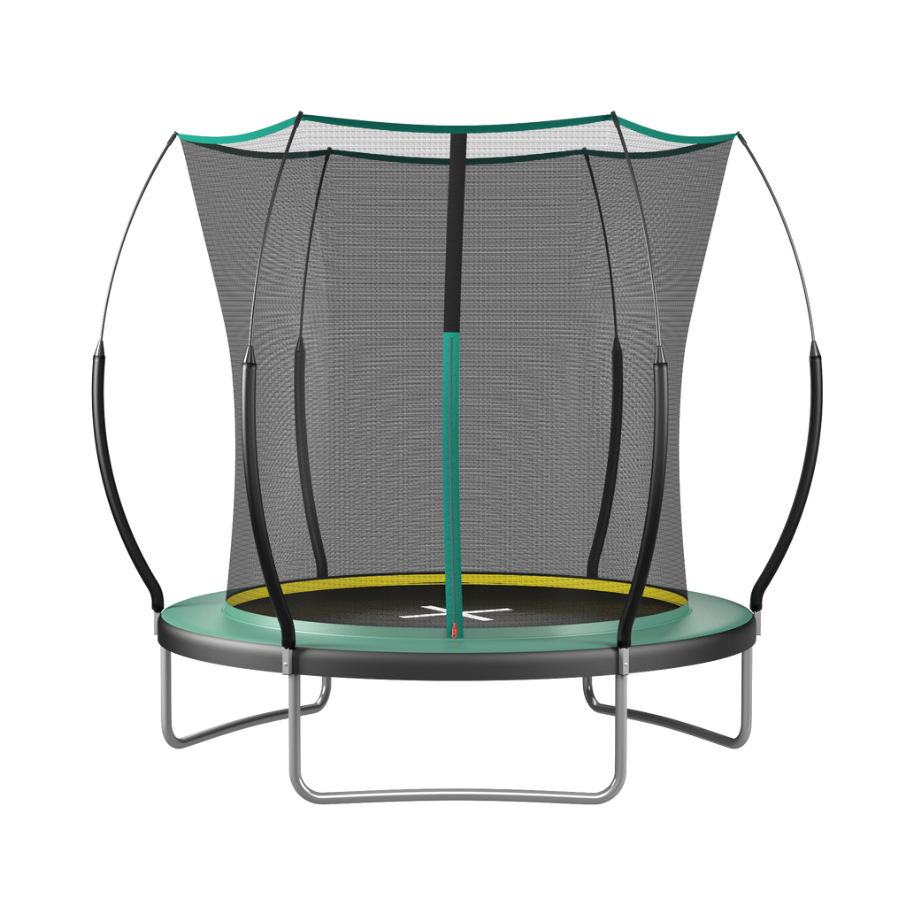 Green 6-foot springfree no-gap trampoline with safety enclosure — front view