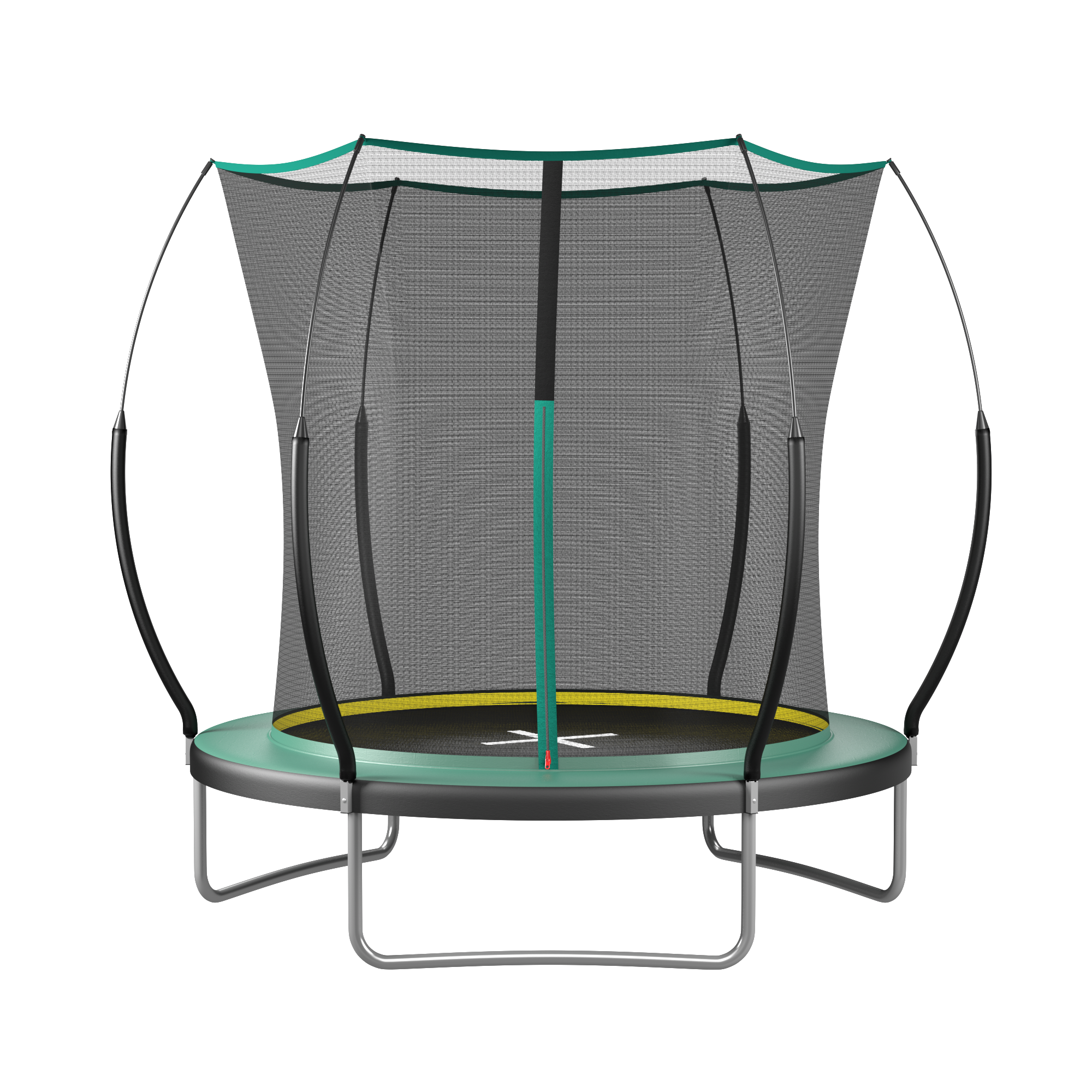 Green 6-foot springfree no-gap trampoline with safety enclosure — front view