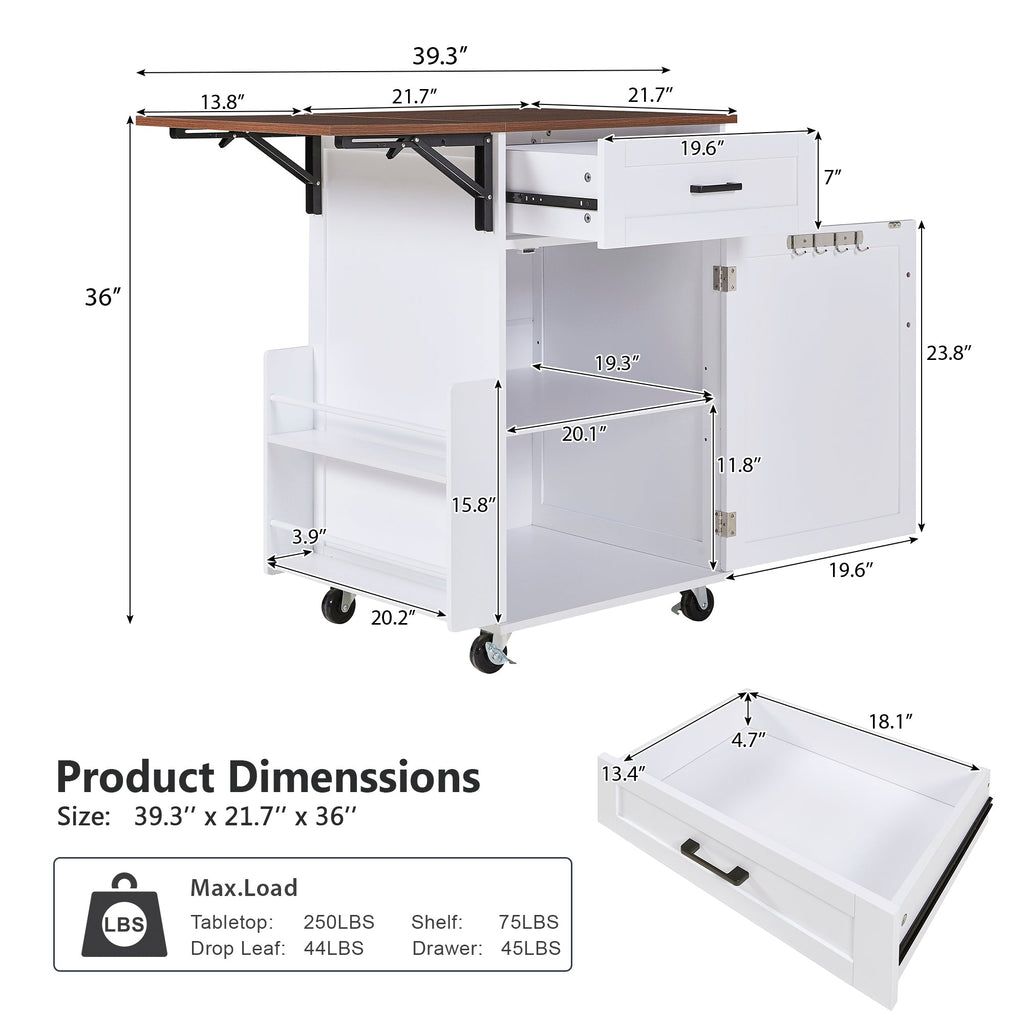 K&K 39.3' Farmhouse Kitchen Island with Drop Leaf, Kitchen Storage Island with Open Side Rack, One Drawer, Towel Rack, Rolling Kitchen Cart with Lockable Wheels for Lawn Garden, Black