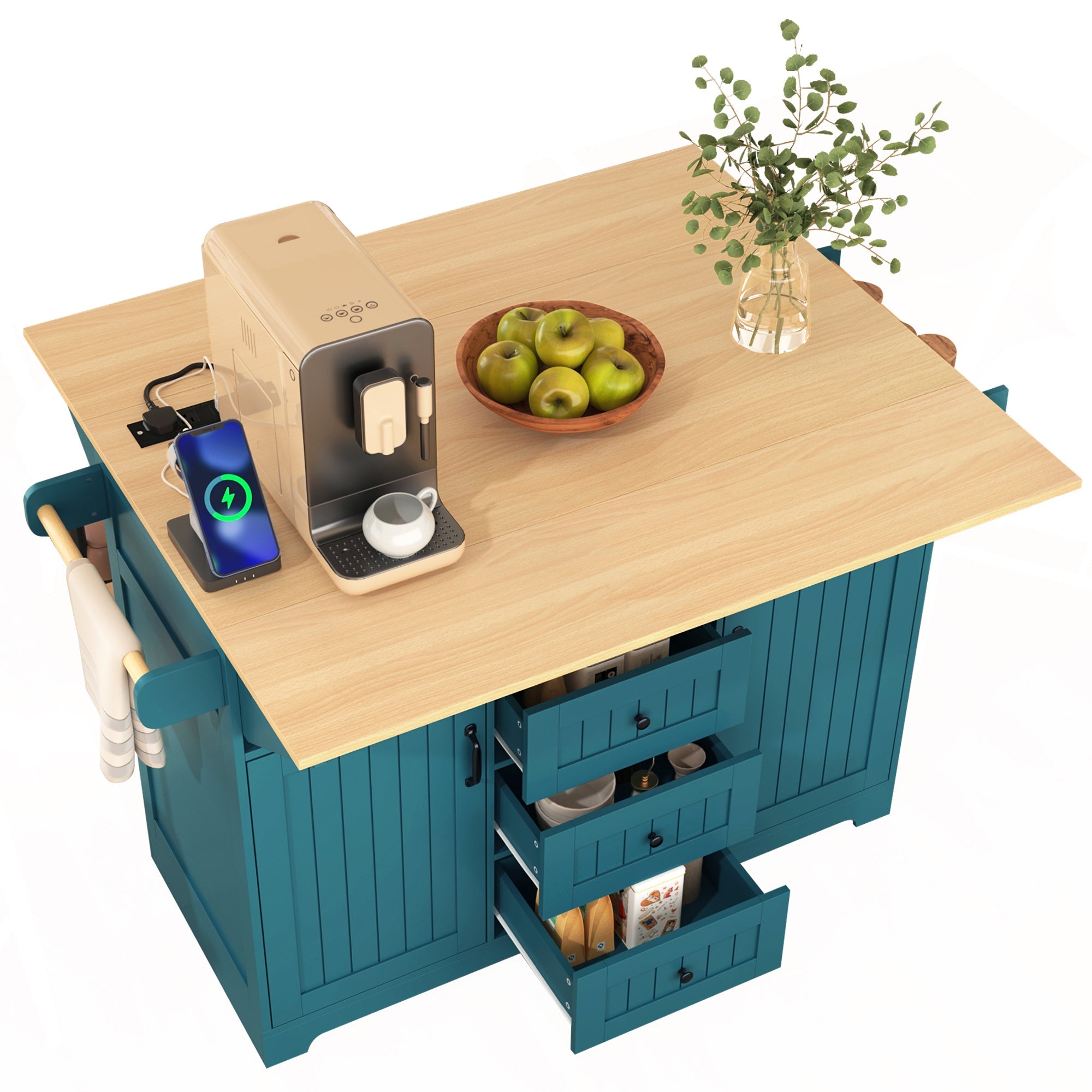 K&K 55.7'' Large Kitchen Island with 2 Drop Leaf,, Rolling Kitchen Cart on 5 Wheels with Power Outlet, Folding Storage Dining Table with Spice & Towel Rack , 3 Drawers, for Kitchen, Dining Room,Black