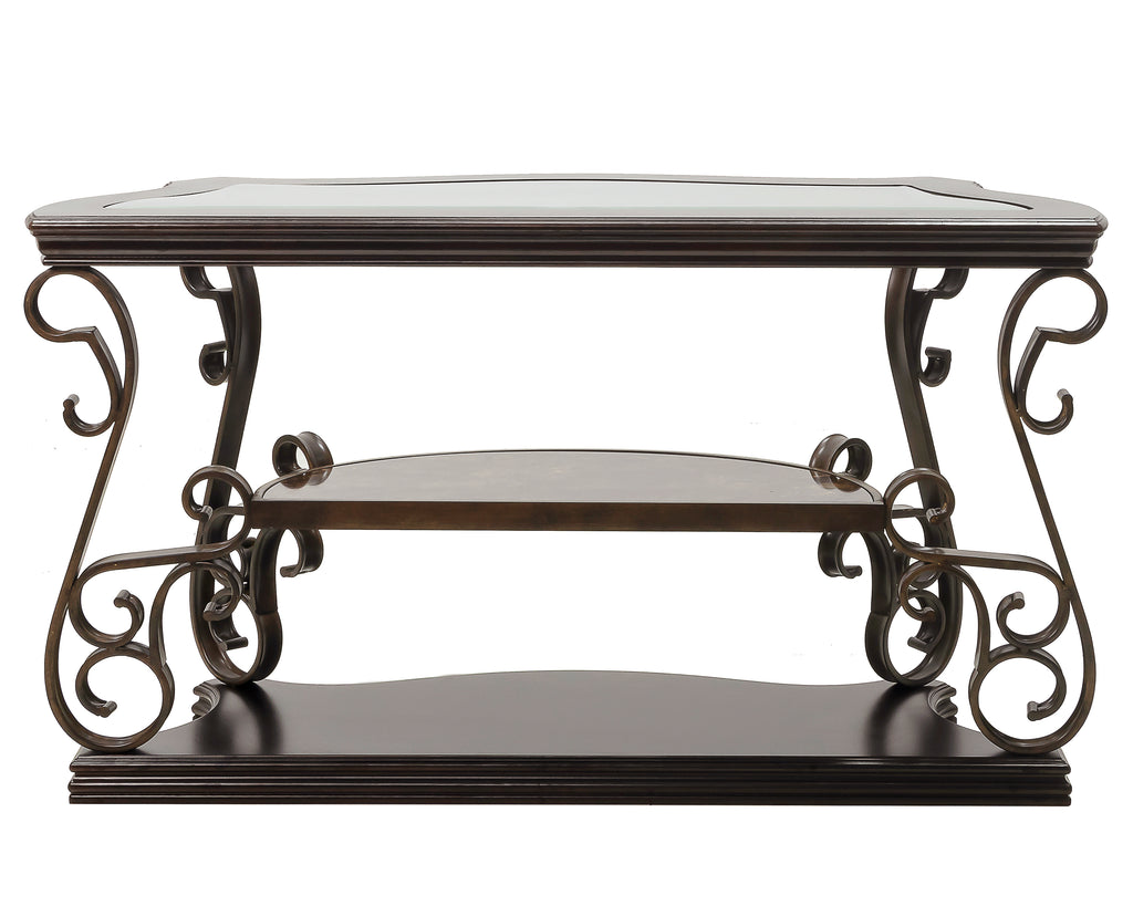 Rectangular sofa table tempered glass top edge close-up