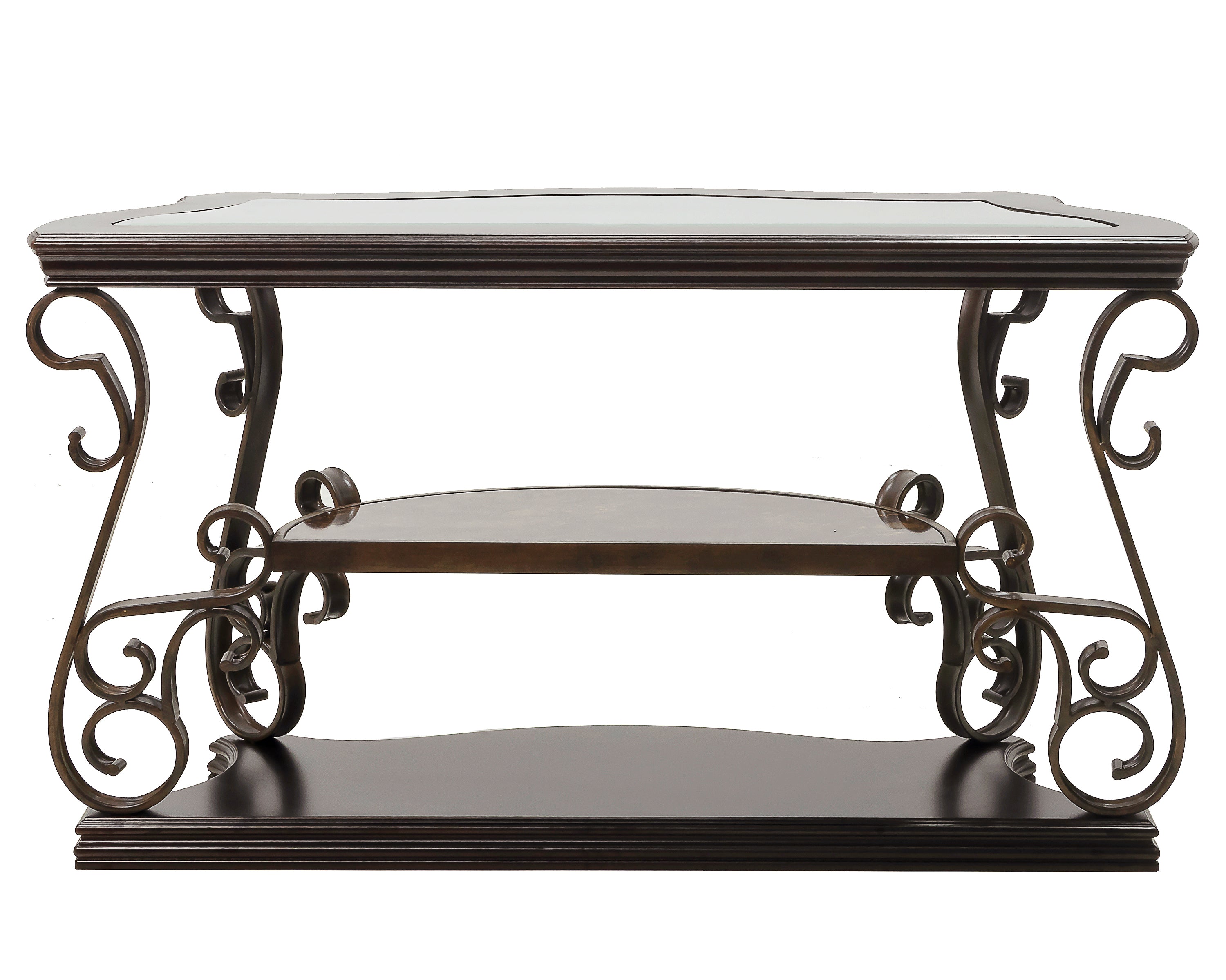 Rectangular sofa table tempered glass top edge close-up