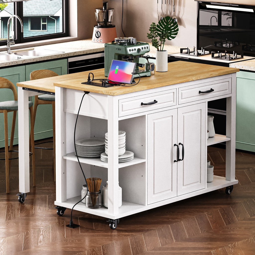 K&K 47 inch Kitchen Island with Extendable Dining Table, Rubber Wood Veneer Kitchen Table with Internal Storage Rack, Power Outlet, Kitchen island with Storage 2 Drawers 2 Cabinet, Black