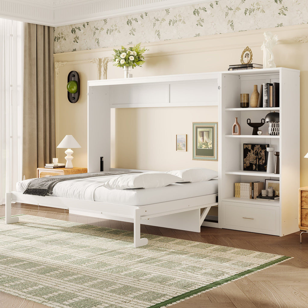 Queen Size Murphy Bed with Height Adjustable Storage Compartments and Shelf, Wall Bed Frame With 1 Drawer, Multifunctional Foldable Platform Bed for Bedroom,Guest Room, Walnut(OLD SKU:N733S309223D)