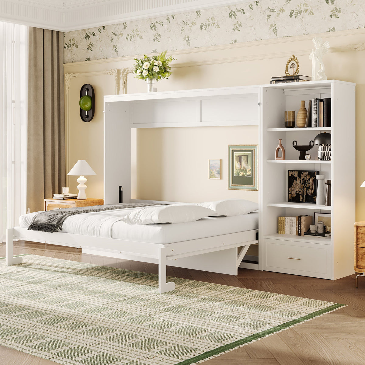 Queen Size Murphy Bed with Height Adjustable Storage Compartments and Shelf, Wall Bed Frame With 1 Drawer, Multifunctional Foldable Platform Bed for Bedroom,Guest Room, Walnut(OLD SKU:N733S309223D)