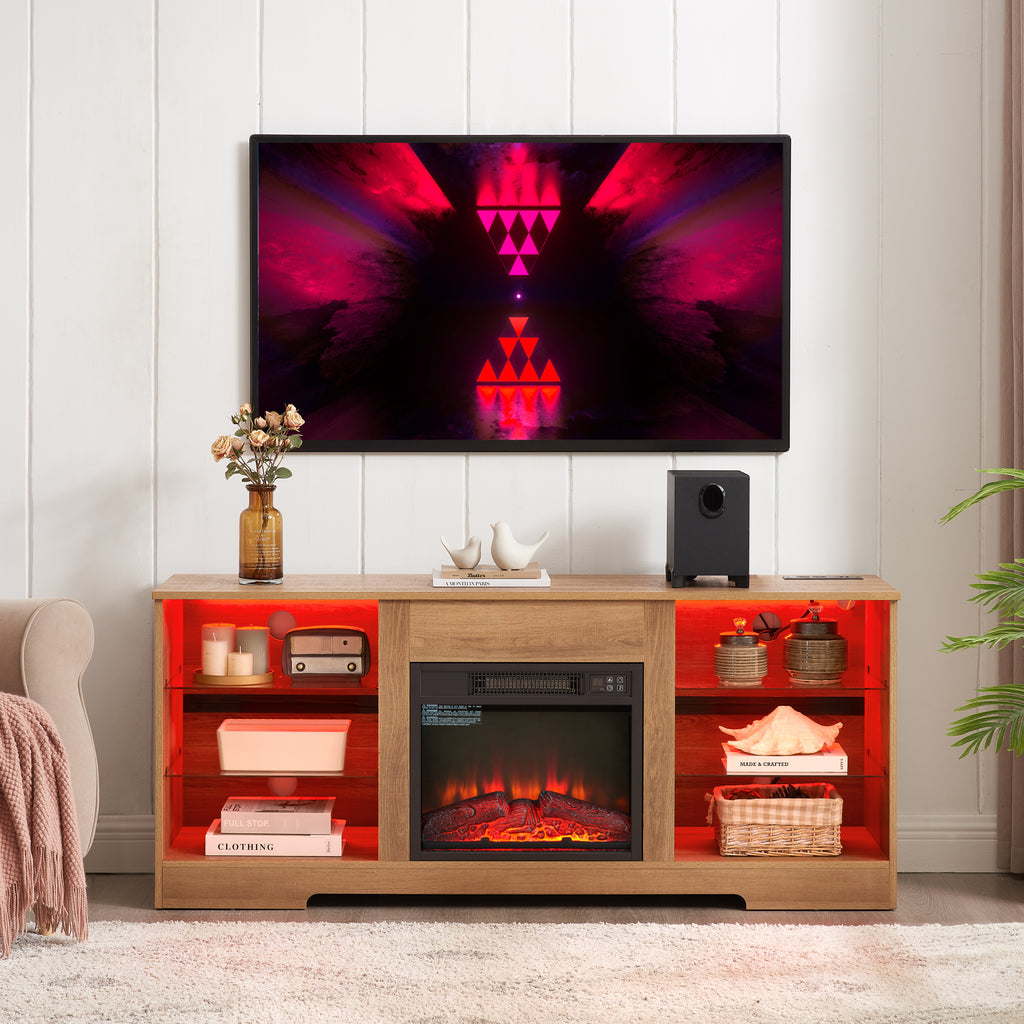 58-inch oak media console with built-in electric fireplace