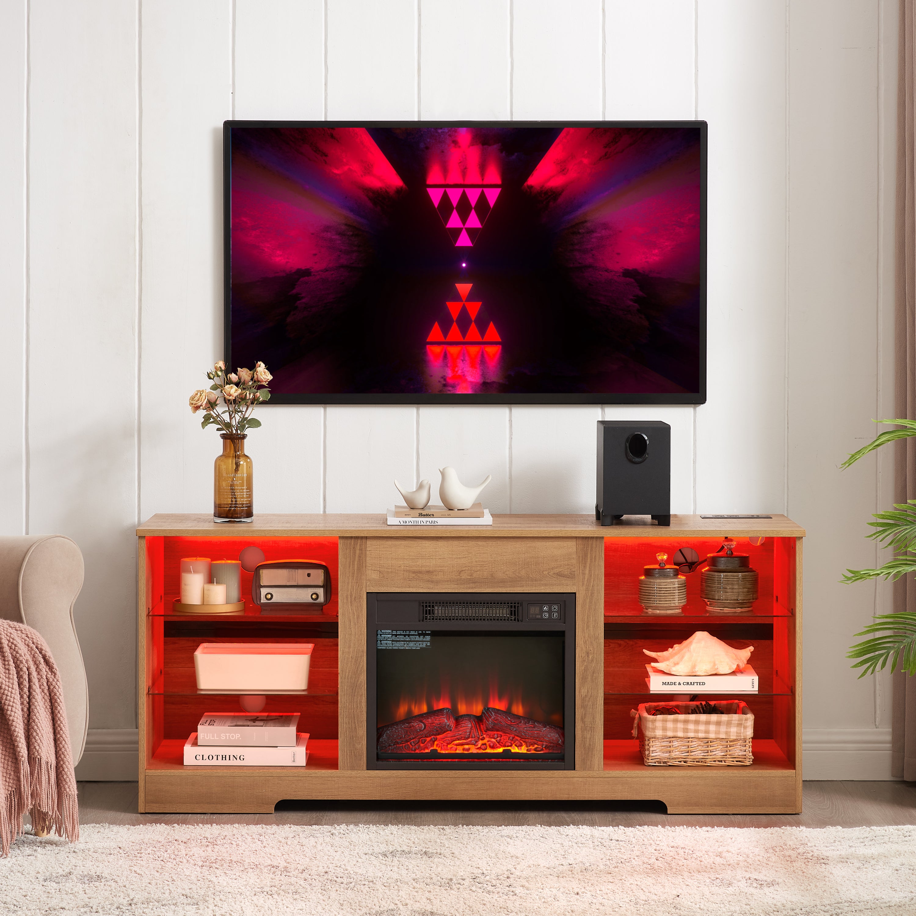 58-inch oak media console with built-in electric fireplace